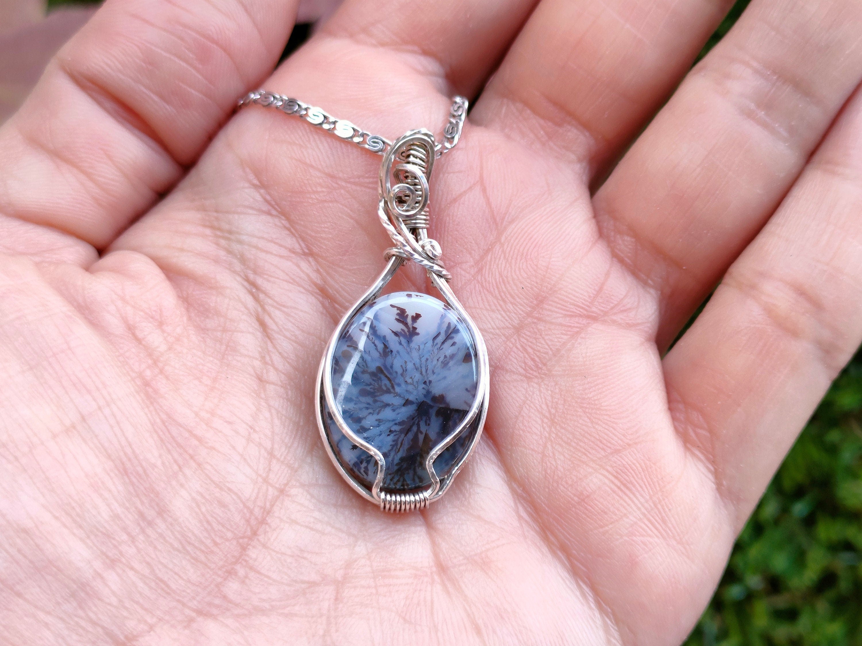 A Dendritic Moss Agate Stone Necklace, Dainty Necklace, Wire Wrapped Agate, .925 Sterling Silver Necklace, Moss Agate, Agate Necklace