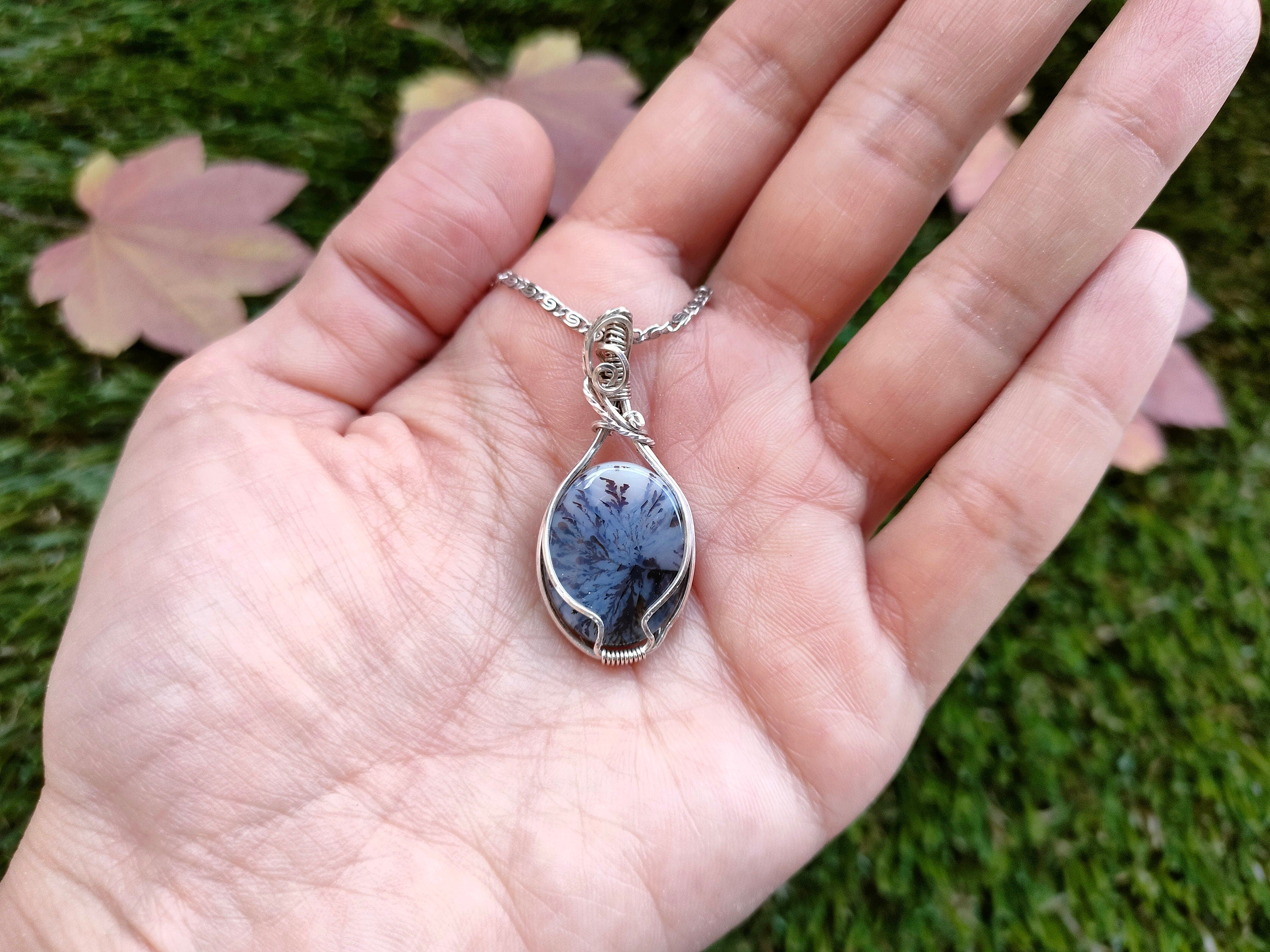 A Dendritic Moss Agate Stone Necklace, Dainty Necklace, Wire Wrapped Agate, .925 Sterling Silver Necklace, Moss Agate, Agate Necklace