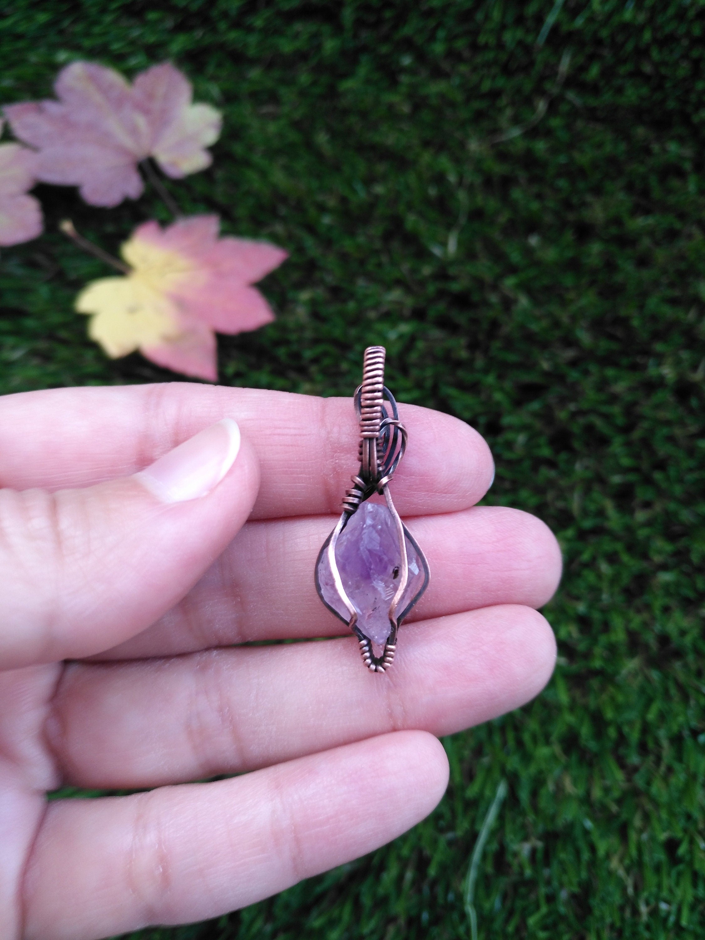 Mini Amethyst Crystal Pendant | Oxidized Copper Wire | Wire Wrapped | rough | Amethyst crystal| Mini Pendant | mini jewelry | copper jewelry