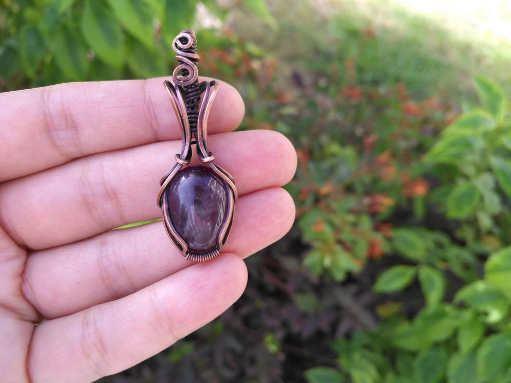 A Dark Purple Amethyst Pendant in Oxidized Copper Wire - Amethyst Pendant - Wire Wrapped Amethyst