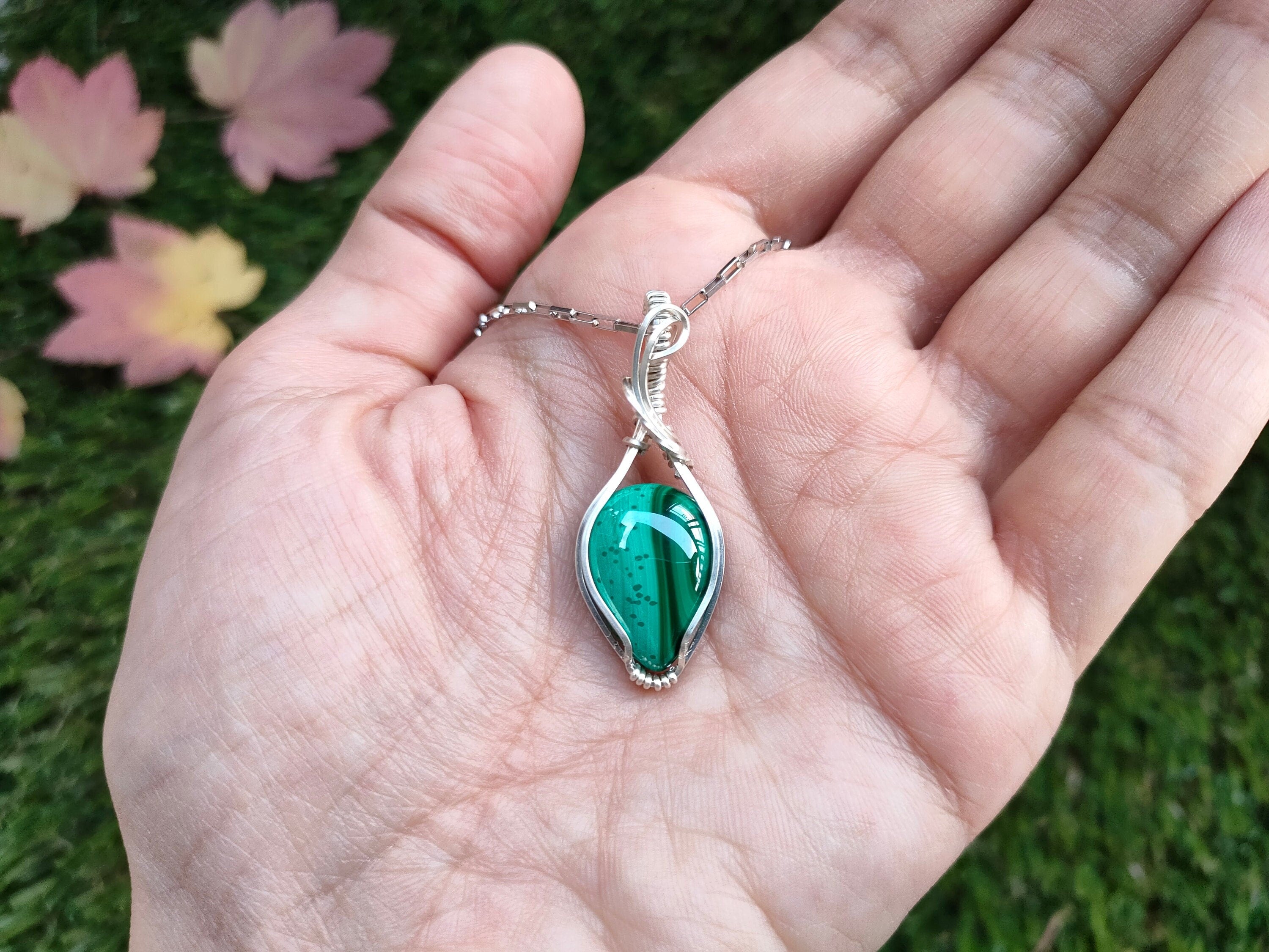 Malachite Necklace, Dainty Necklace, Wire Wrapped Malachite, .925 Sterling Silver Necklace, Boho Necklace, Malachite Pendant, Gemstone
