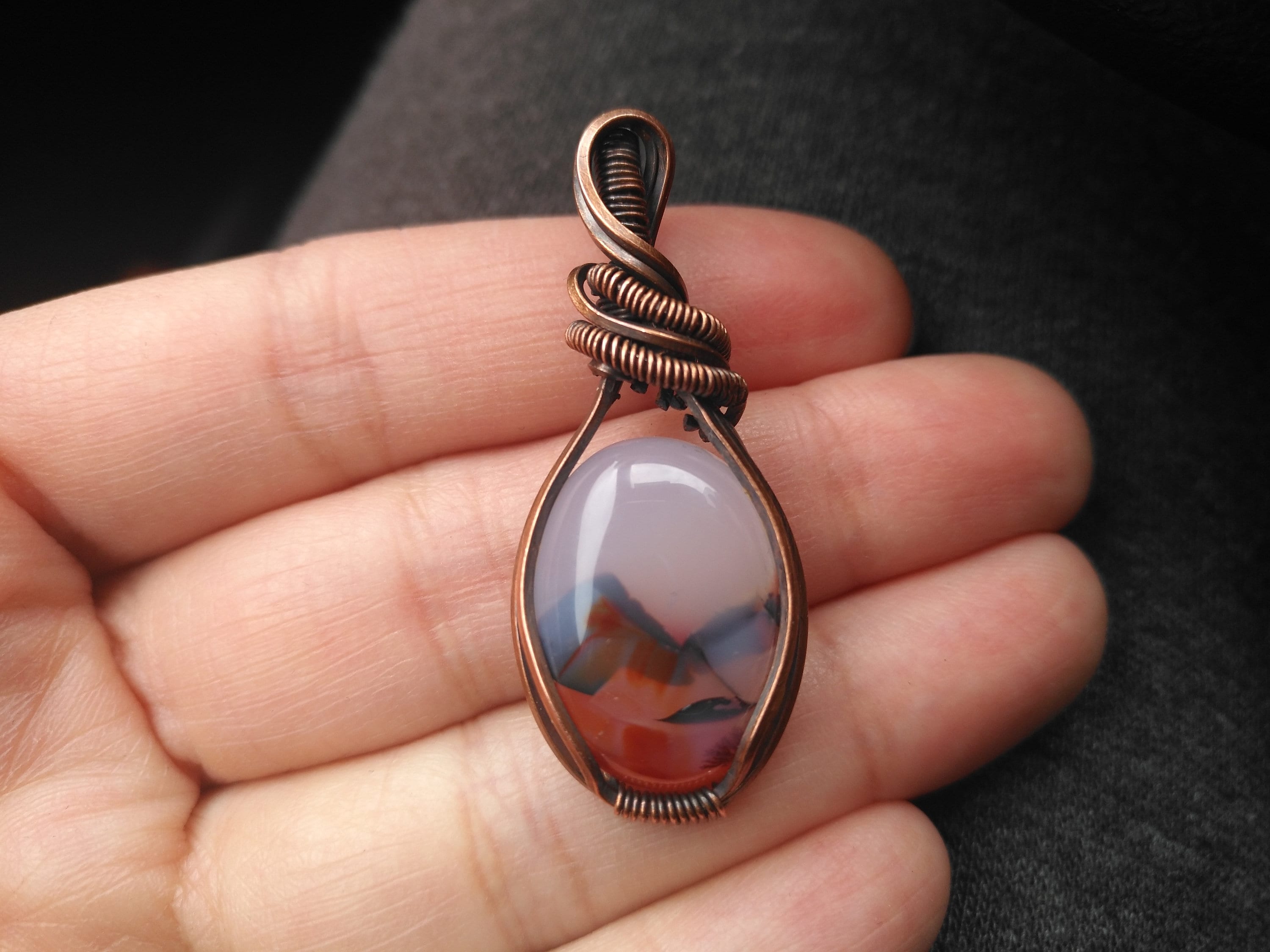 A Moss Agate Wrapped in Oxidized Copper Wire - Pendant