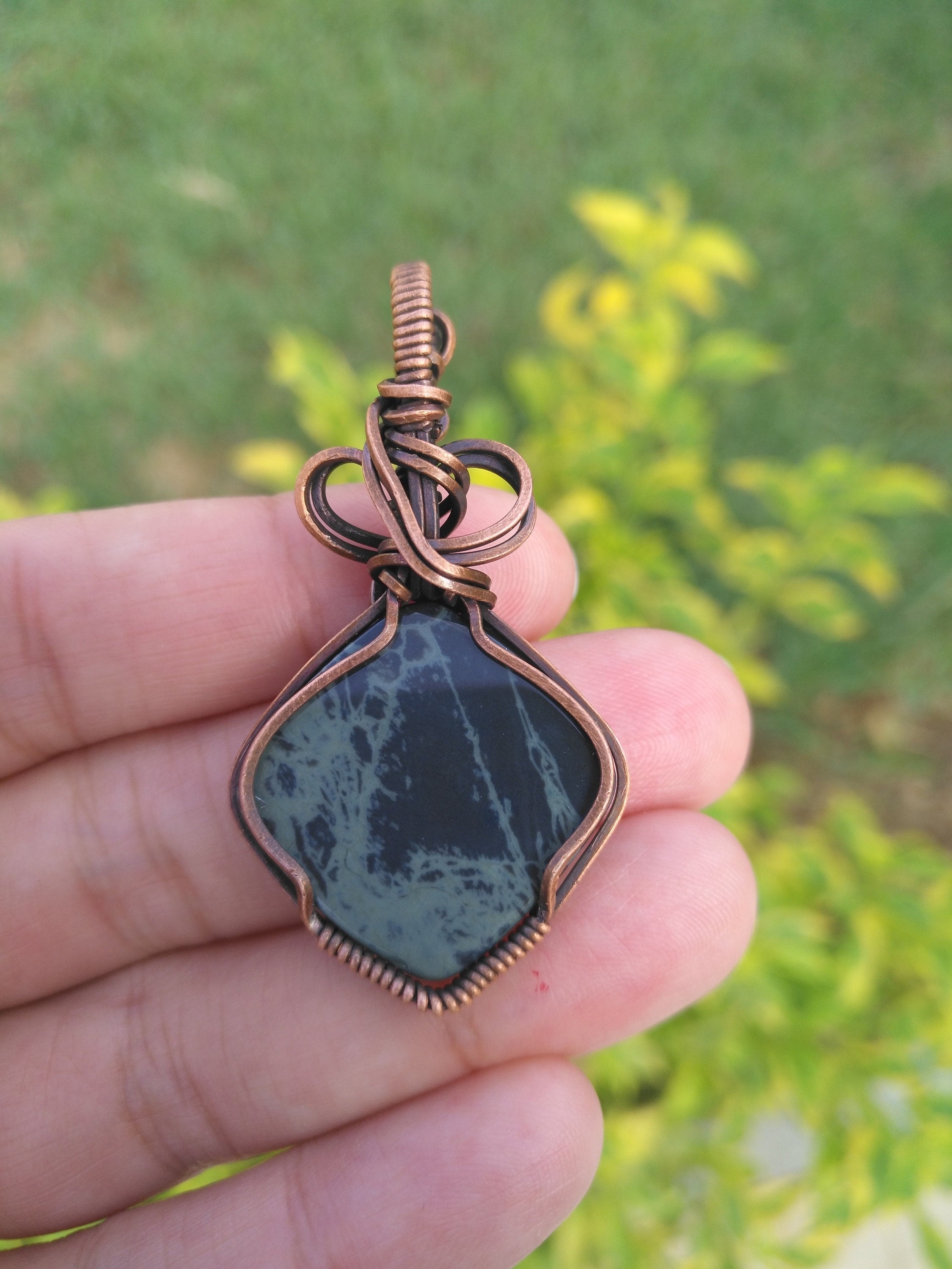 Spider Web Obsidian in Oxidized Copper Wire - Copper Pendant - Wire wrapped - Spiderweb - Halloween - Pendant - Copper Pendant - Creepy gift