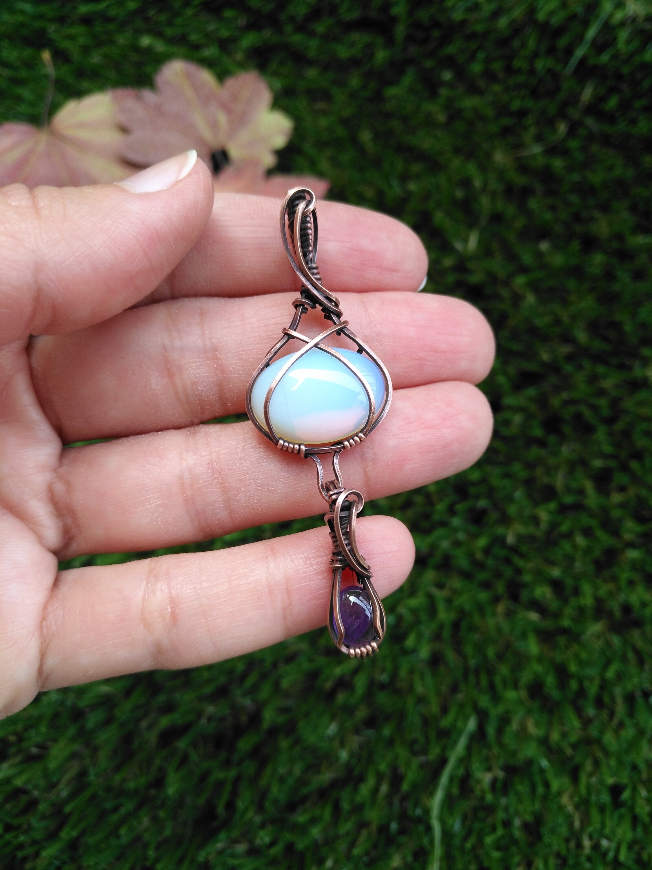 Opalite and Amethyst Double Pendant | Sci Fi Pendant | Talisman | Wire Wrapped Copper Jewelry | Fairy Jewelry | Fantasy Pendant | Apocalypse