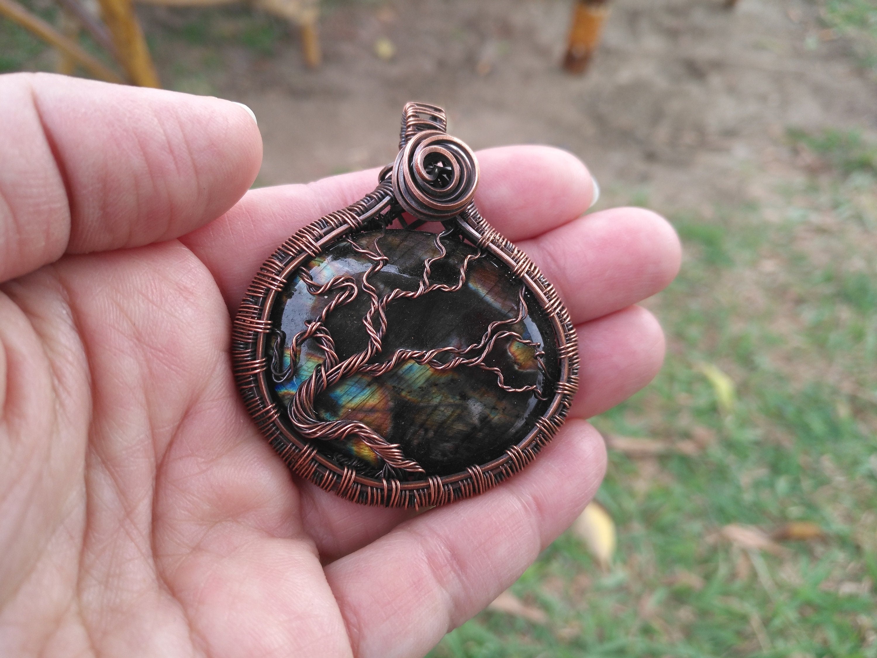 A Tree of Life Pendant using a Labradorite with Oxidized Copper Wire