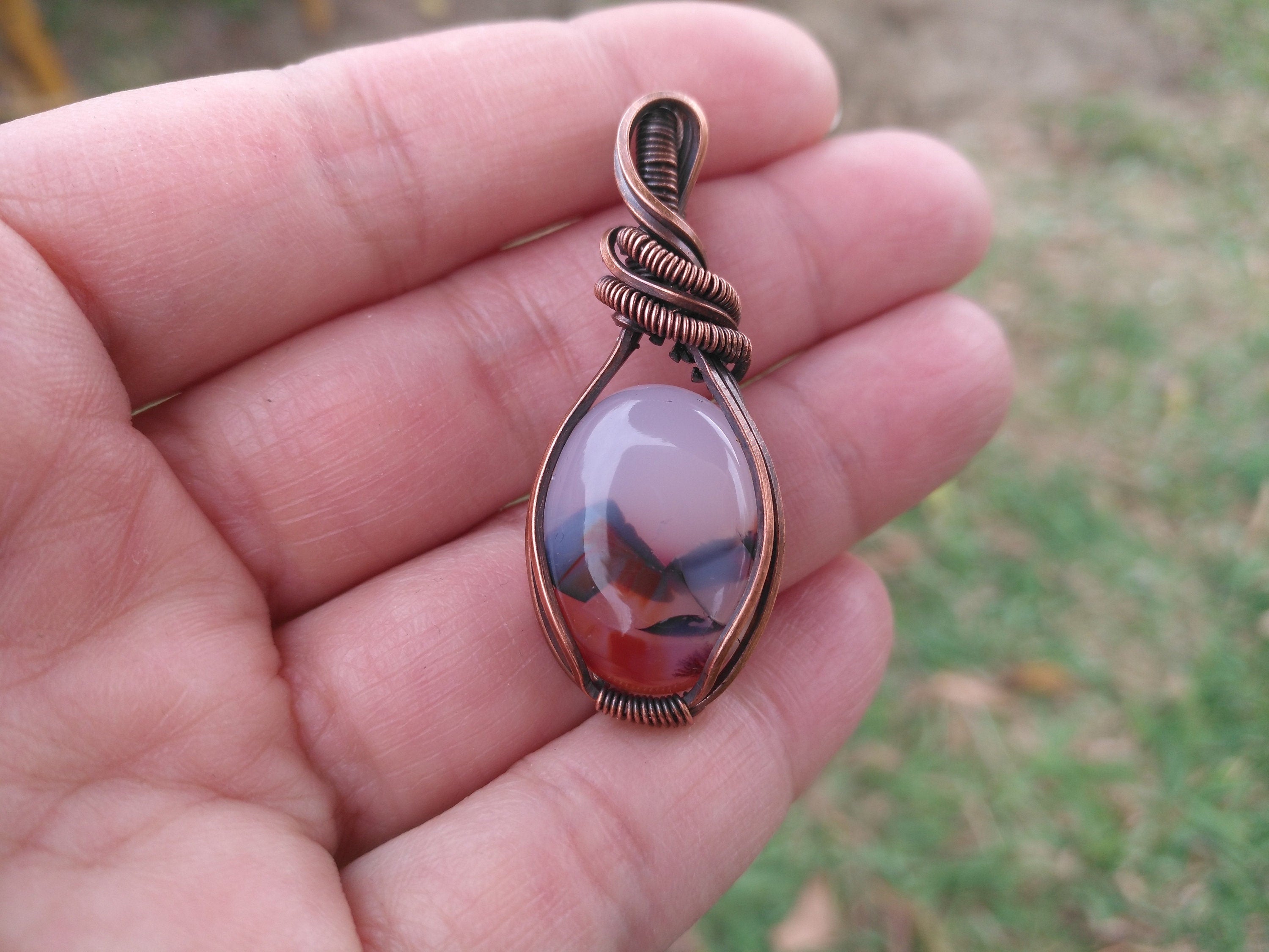 A Moss Agate Wrapped in Oxidized Copper Wire - Pendant