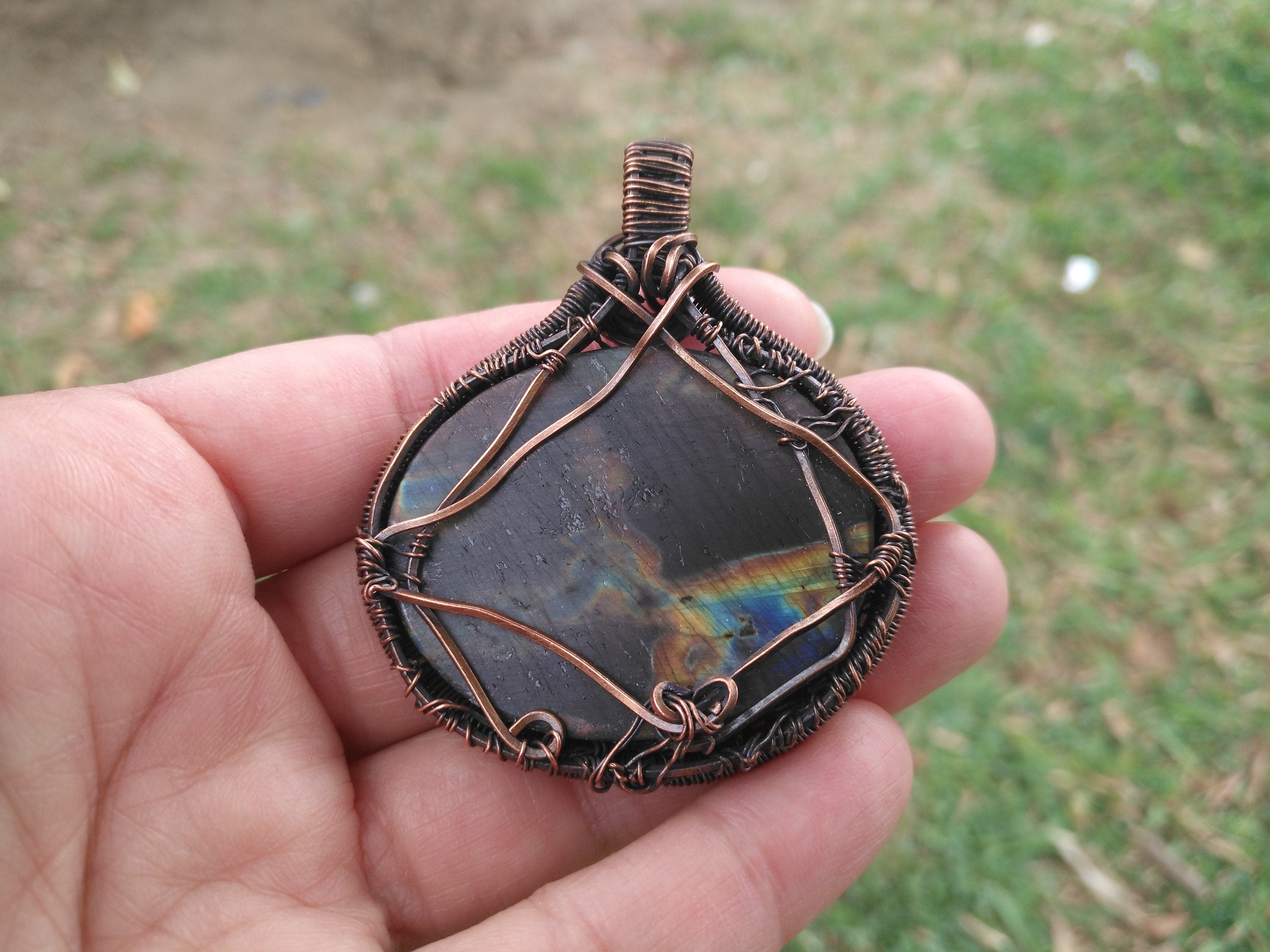 A Tree of Life Pendant using a Labradorite with Oxidized Copper Wire
