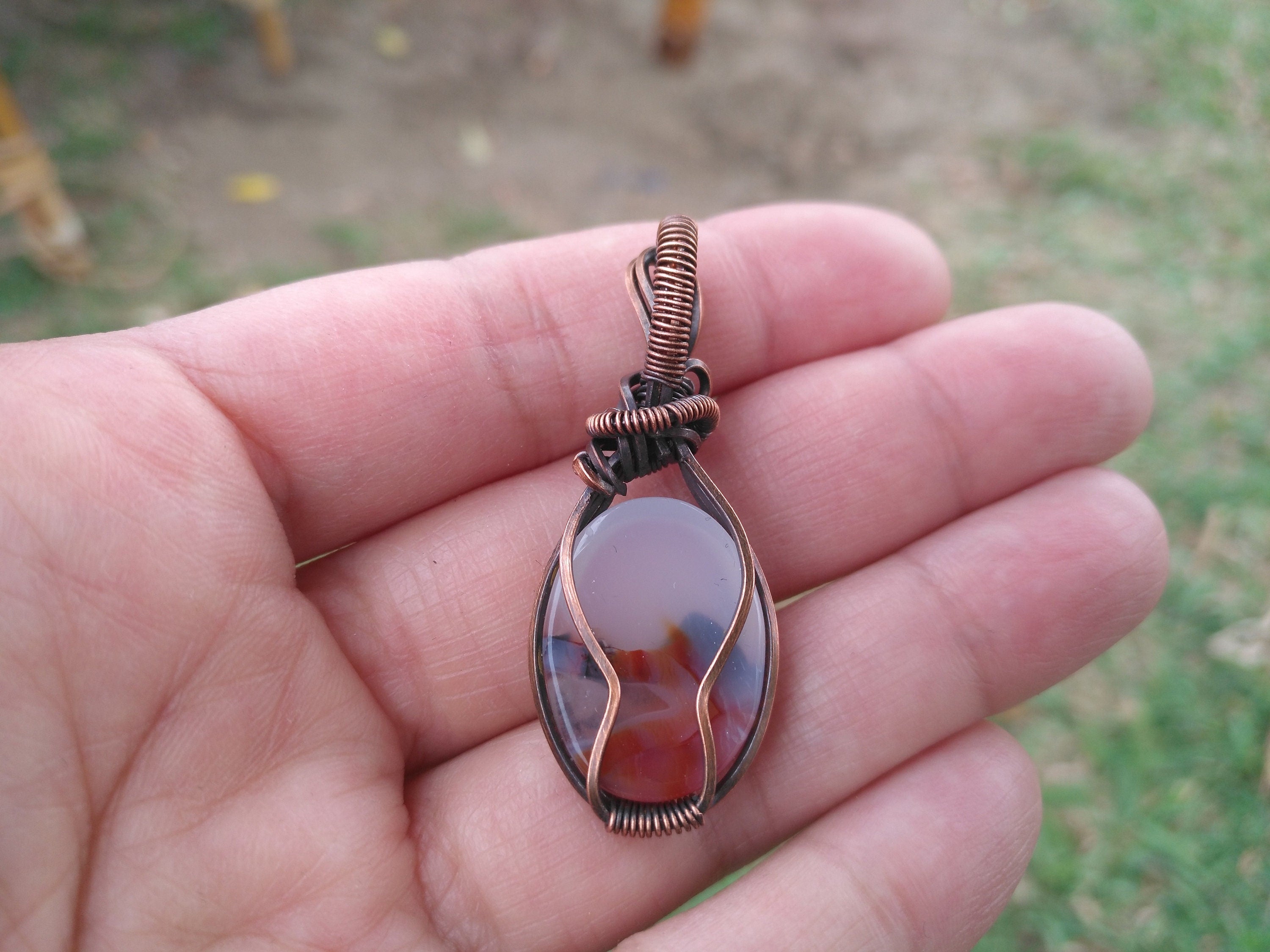 A Moss Agate Wrapped in Oxidized Copper Wire - Pendant