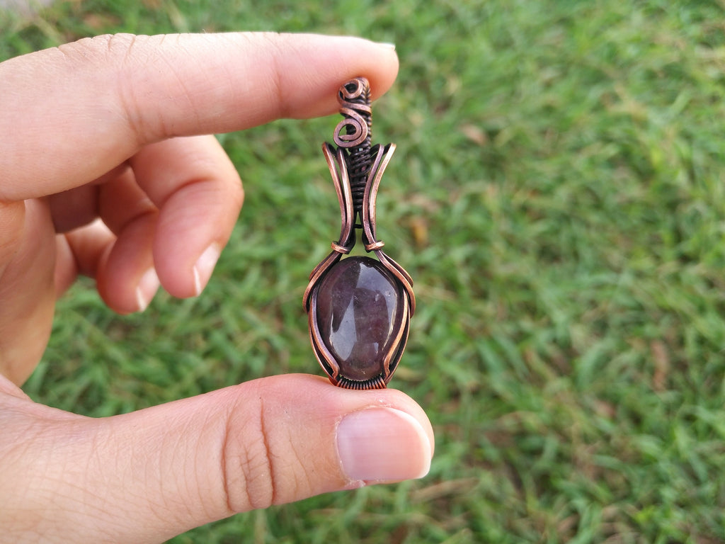 A Dark Purple Amethyst Pendant in Oxidized Copper Wire - Amethyst Pendant - Wire Wrapped Amethyst