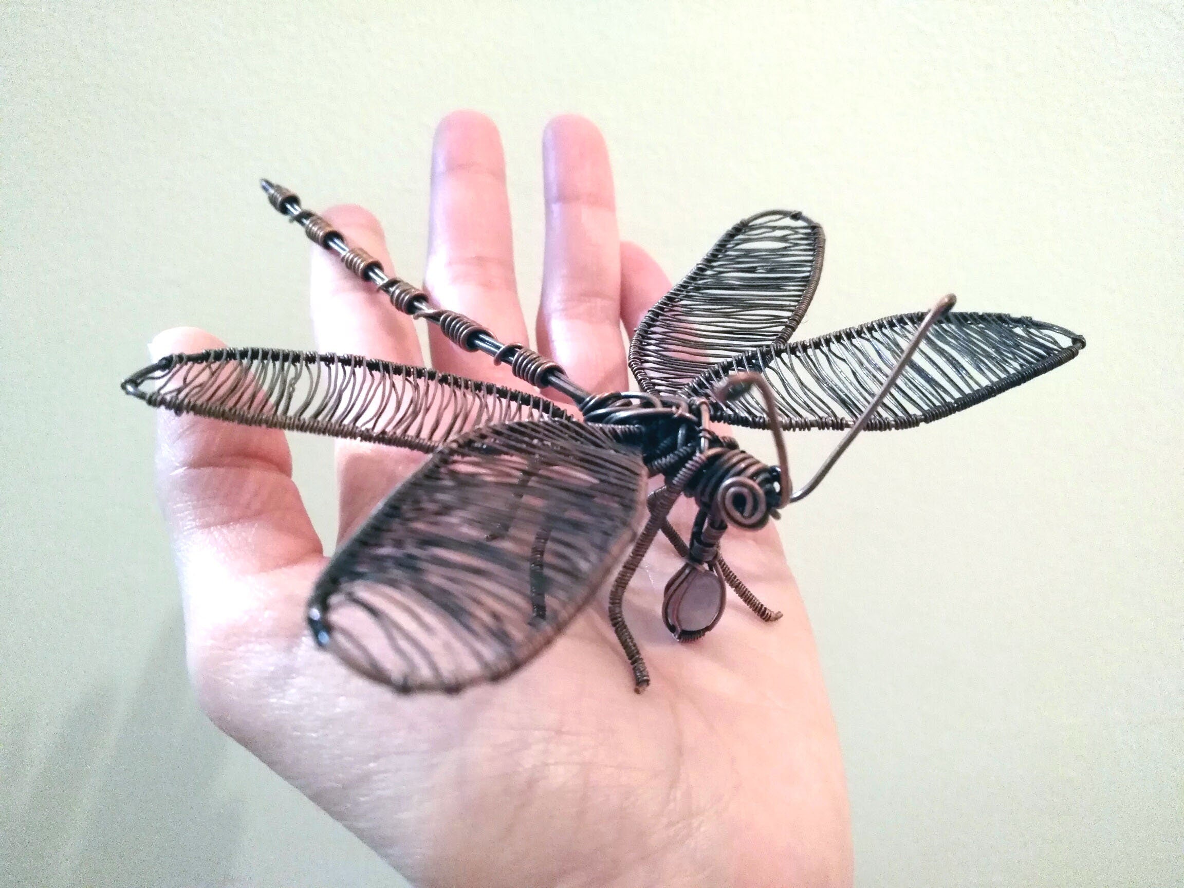 Wire Wrapped DragonFly and mini Amethyst Dangle,wire scultpure, home decor, natural amethyst,gifts,copper decor,decor,desk,art deco