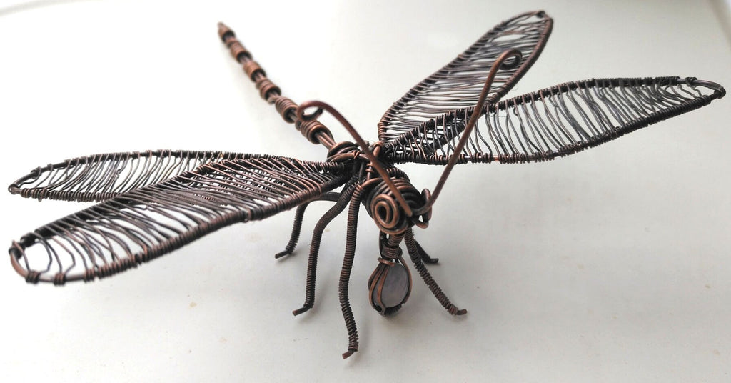 Wire Wrapped DragonFly and mini Amethyst Dangle,wire scultpure, home decor, natural amethyst,gifts,copper decor,decor,desk,art deco