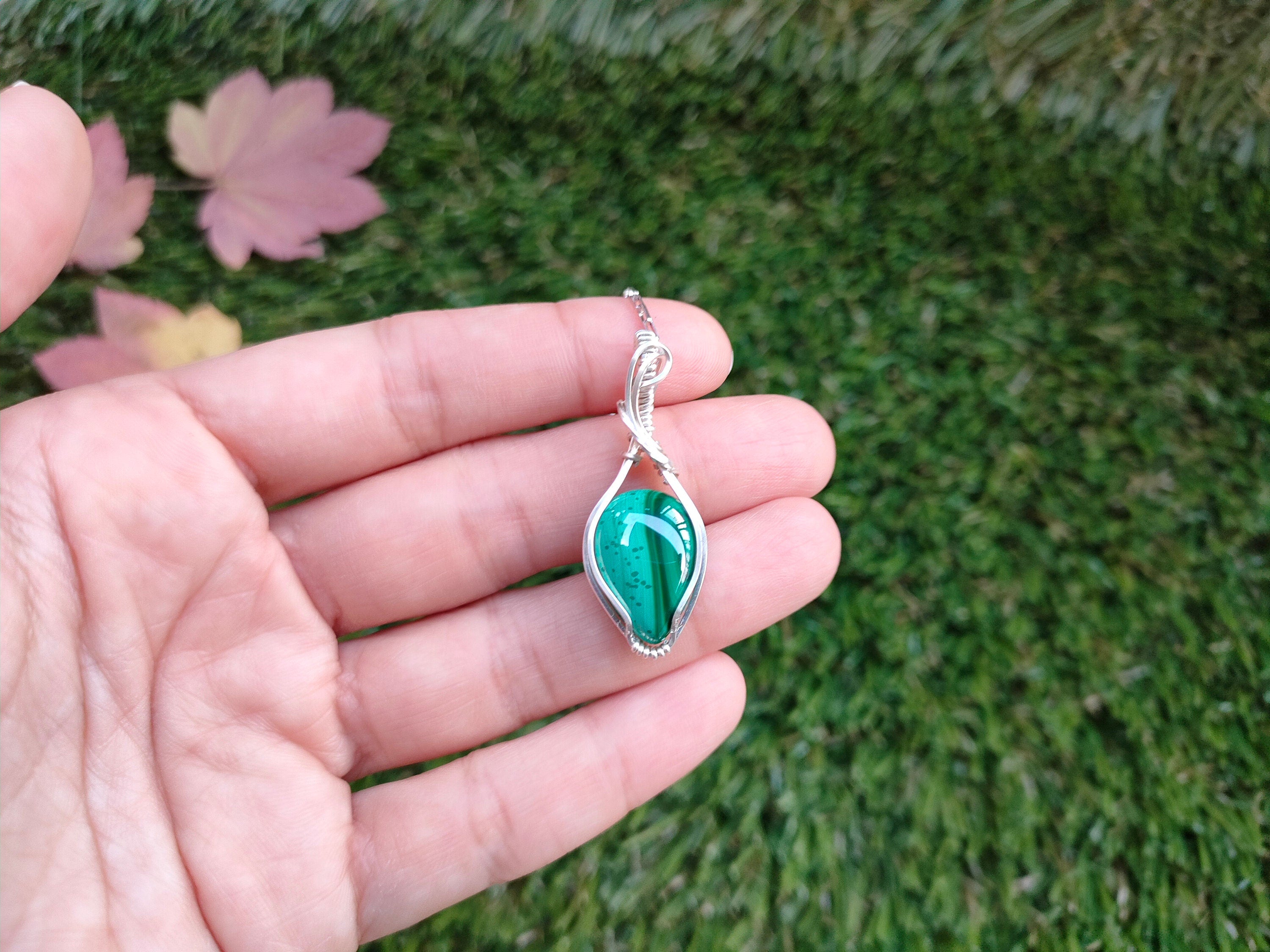 Malachite Necklace, Dainty Necklace, Wire Wrapped Malachite, .925 Sterling Silver Necklace, Boho Necklace, Malachite Pendant, Gemstone