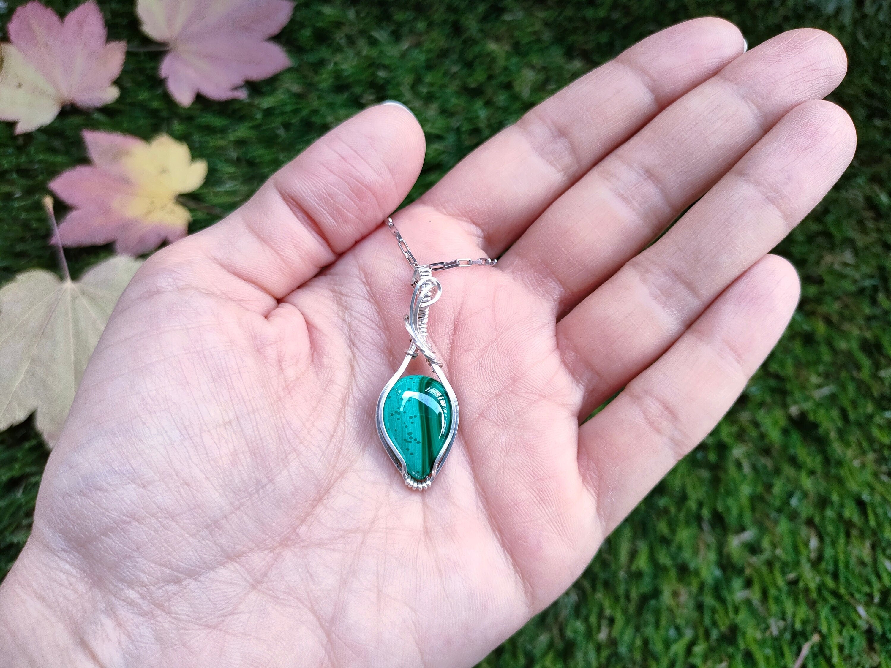 Malachite Necklace, Dainty Necklace, Wire Wrapped Malachite, .925 Sterling Silver Necklace, Boho Necklace, Malachite Pendant, Gemstone