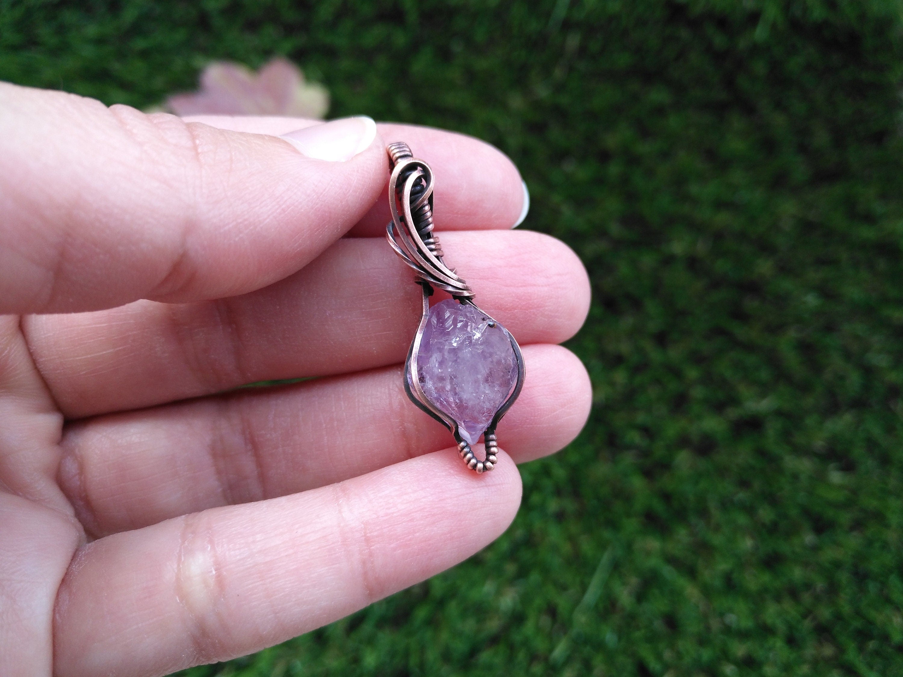 Mini Amethyst Crystal Pendant | Oxidized Copper Wire | Wire Wrapped | rough | Amethyst crystal| Mini Pendant | mini jewelry | copper jewelry