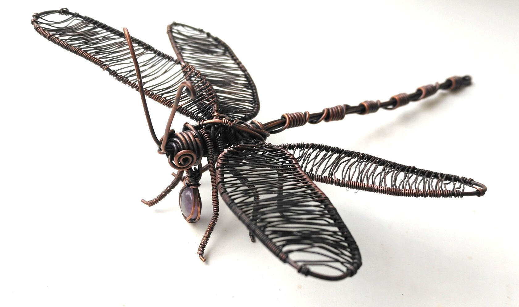Wire Wrapped DragonFly and mini Amethyst Dangle,wire scultpure, home decor, natural amethyst,gifts,copper decor,decor,desk,art deco