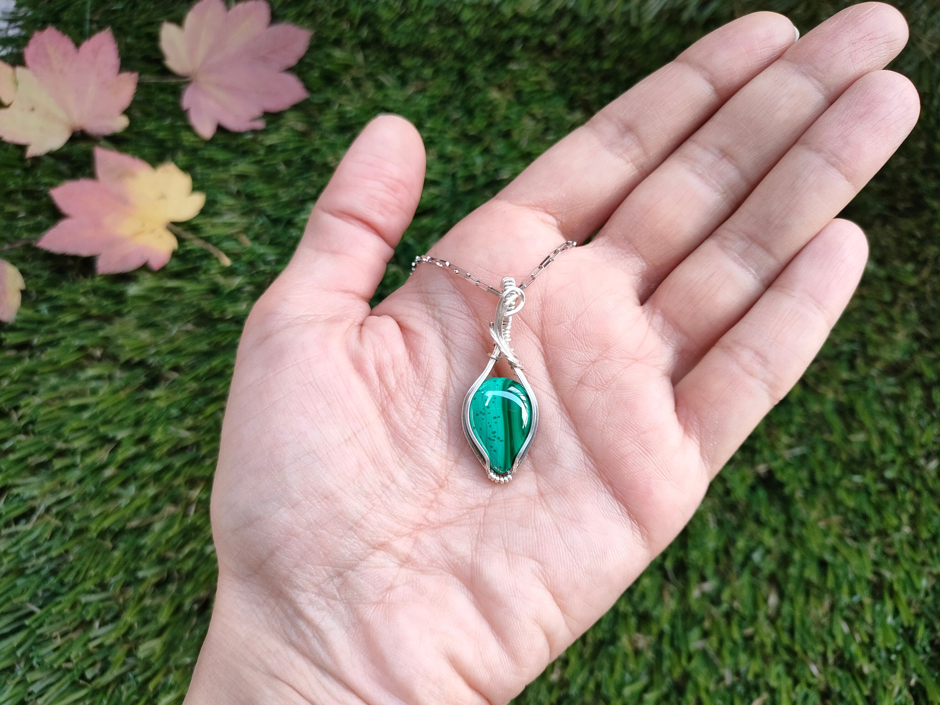 Malachite Necklace, Dainty Necklace, Wire Wrapped Malachite, .925 Sterling Silver Necklace, Boho Necklace, Malachite Pendant, Gemstone