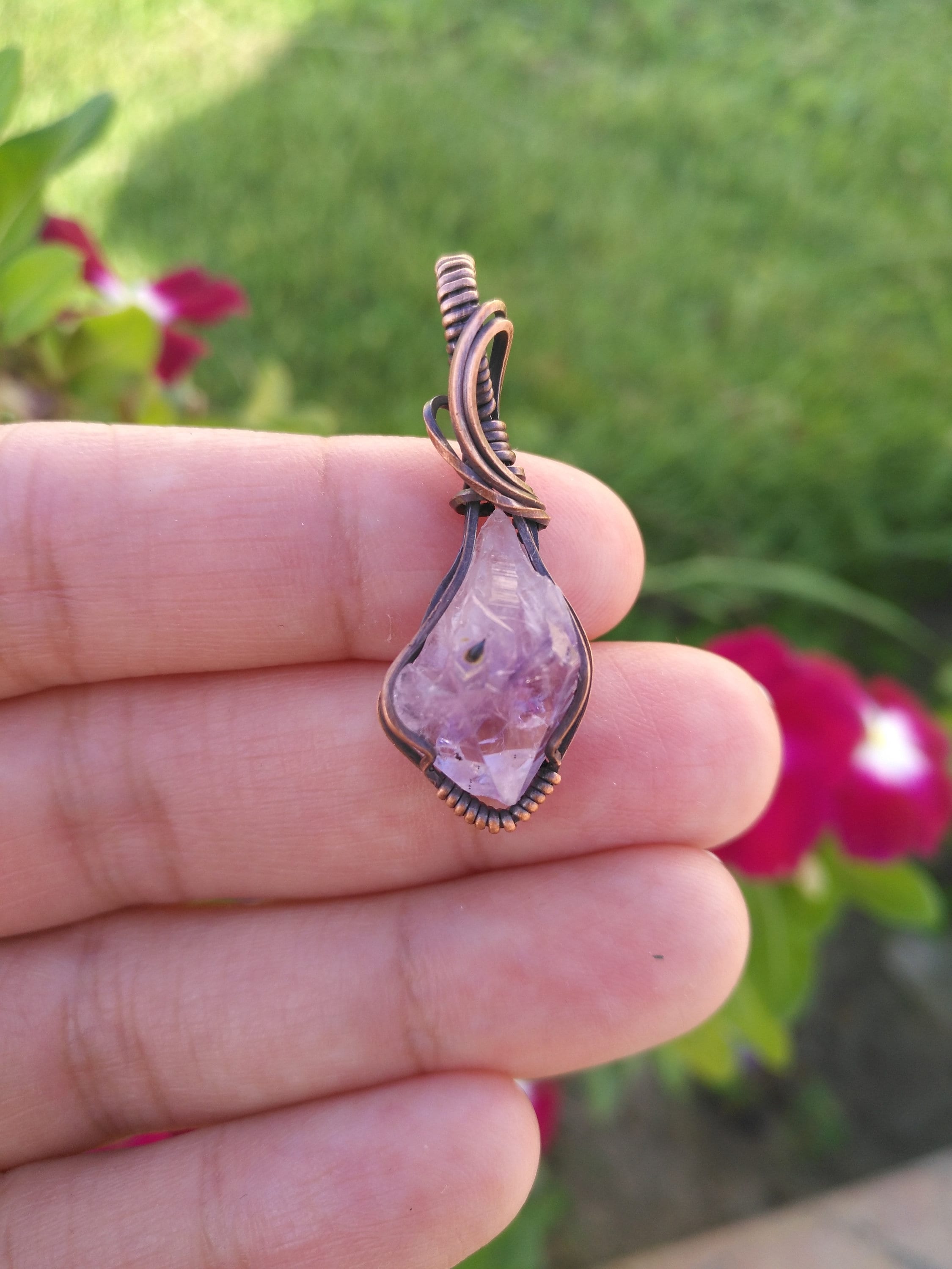 Mini Amethyst Crystal Pendant | Oxidized Copper Wire | Wire Wrapped | rough | Amethyst crystal| Mini Pendant | mini jewelry | copper jewelry