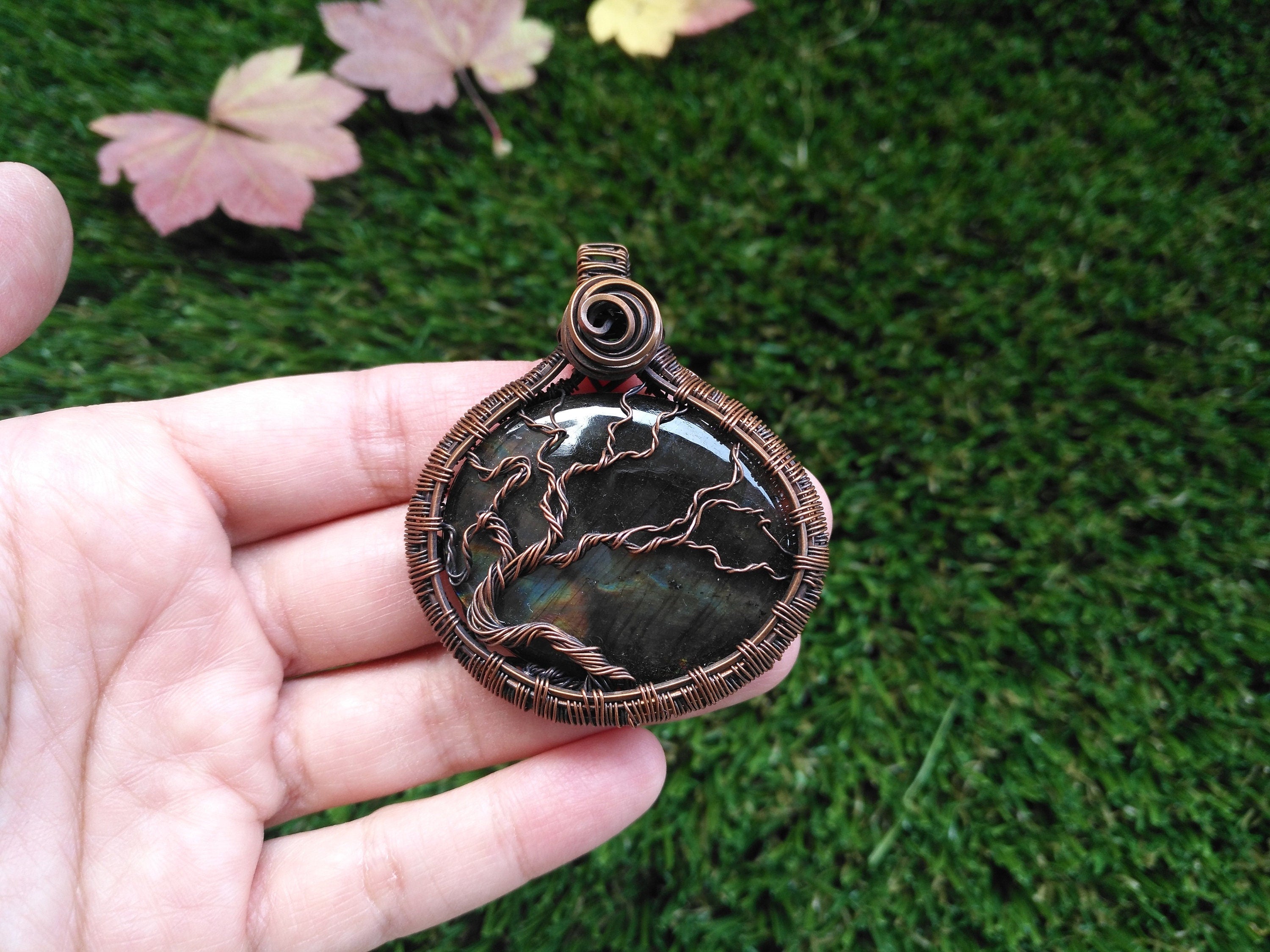 A Tree of Life Pendant using a Labradorite with Oxidized Copper Wire
