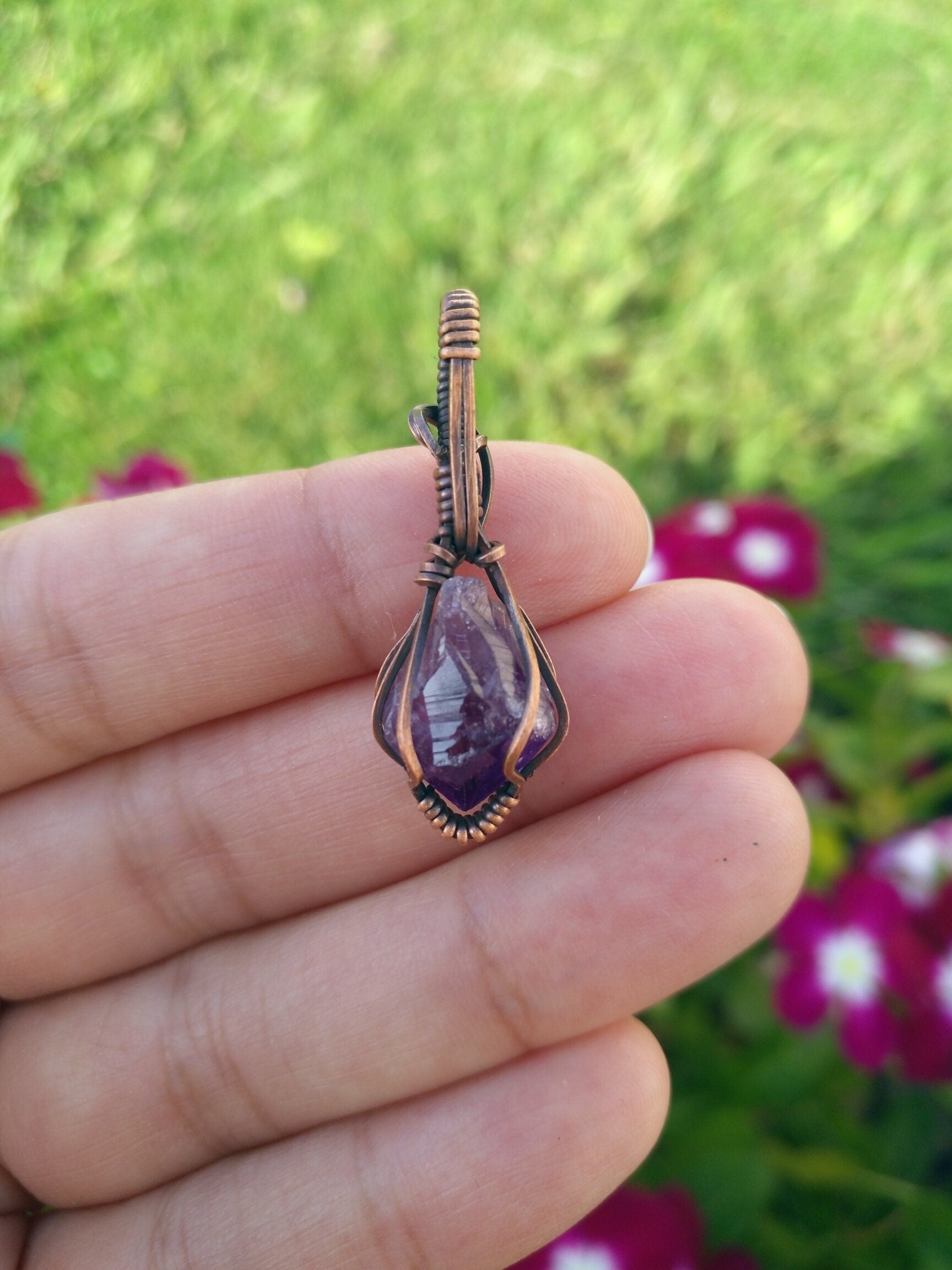 Mini Amethyst Crystal Pendant | Oxidized Copper Wire | Wire Wrapped | rough | Amethyst crystal| Mini Pendant | mini jewelry | copper jewelry