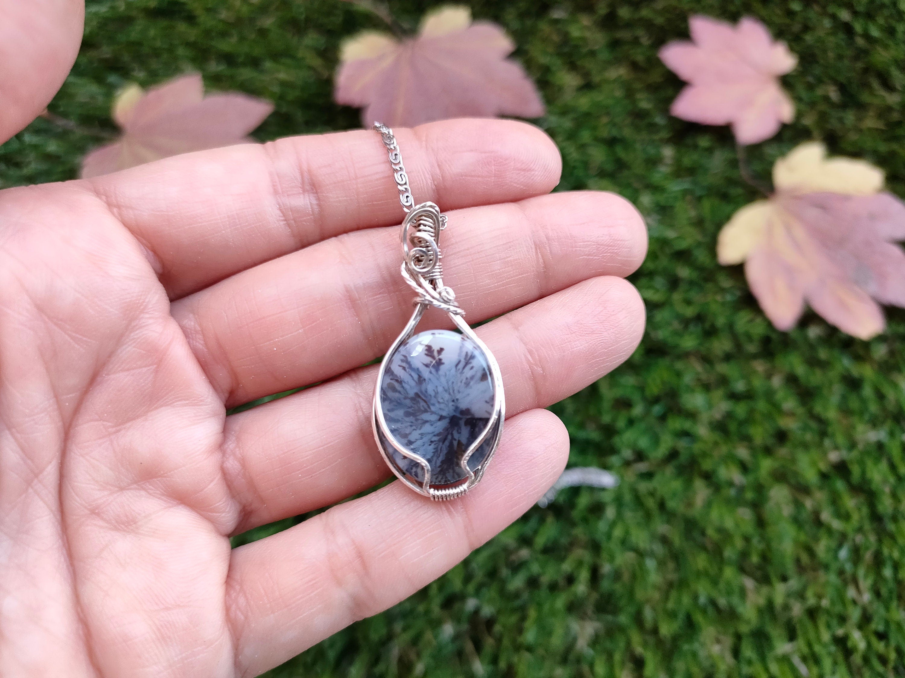 A Dendritic Moss Agate Stone Necklace, Dainty Necklace, Wire Wrapped Agate, .925 Sterling Silver Necklace, Moss Agate, Agate Necklace