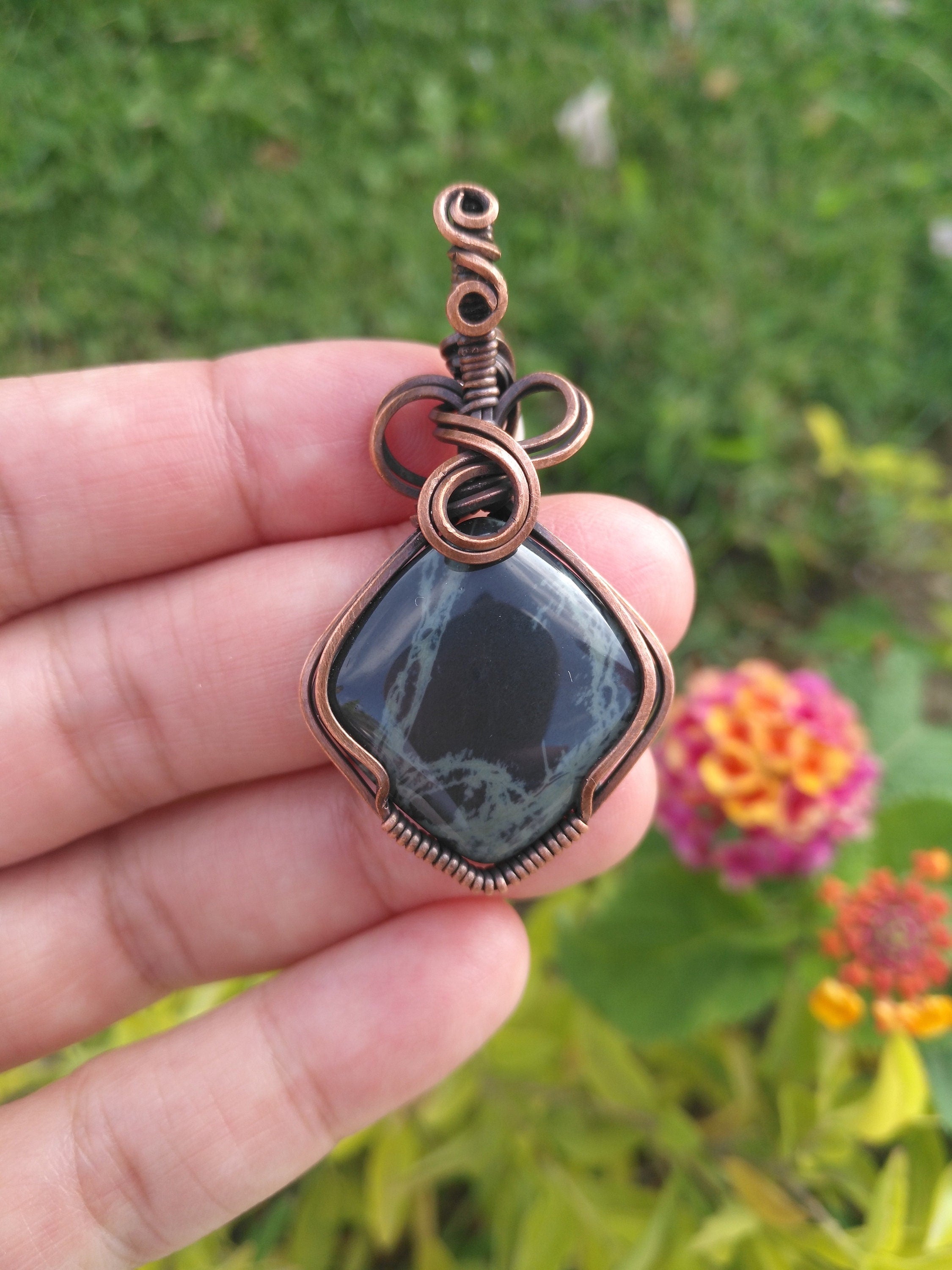 Spider Web Obsidian in Oxidized Copper Wire - Copper Pendant - Wire wrapped - Spiderweb - Halloween - Pendant - Copper Pendant - Creepy gift