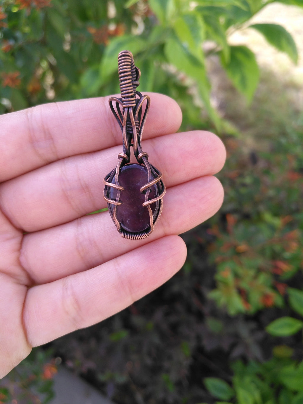 A Dark Purple Amethyst Pendant in Oxidized Copper Wire - Amethyst Pendant - Wire Wrapped Amethyst