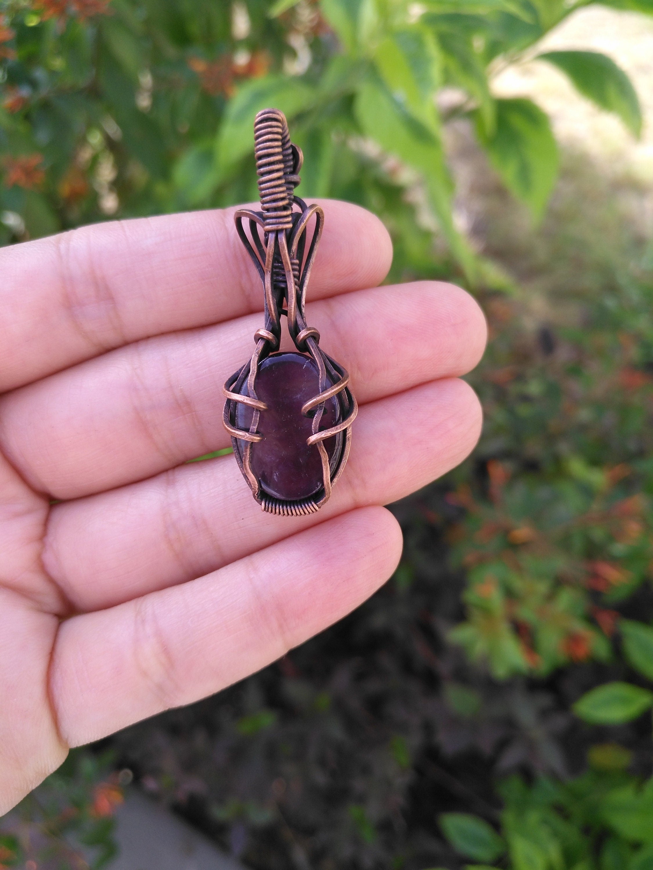 A Dark Purple Amethyst Pendant in Oxidized Copper Wire - Amethyst Pendant - Wire Wrapped Amethyst