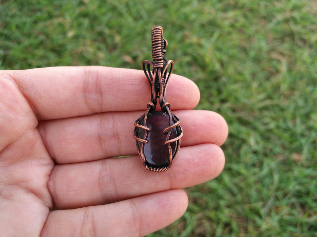 A Dark Purple Amethyst Pendant in Oxidized Copper Wire - Amethyst Pendant - Wire Wrapped Amethyst