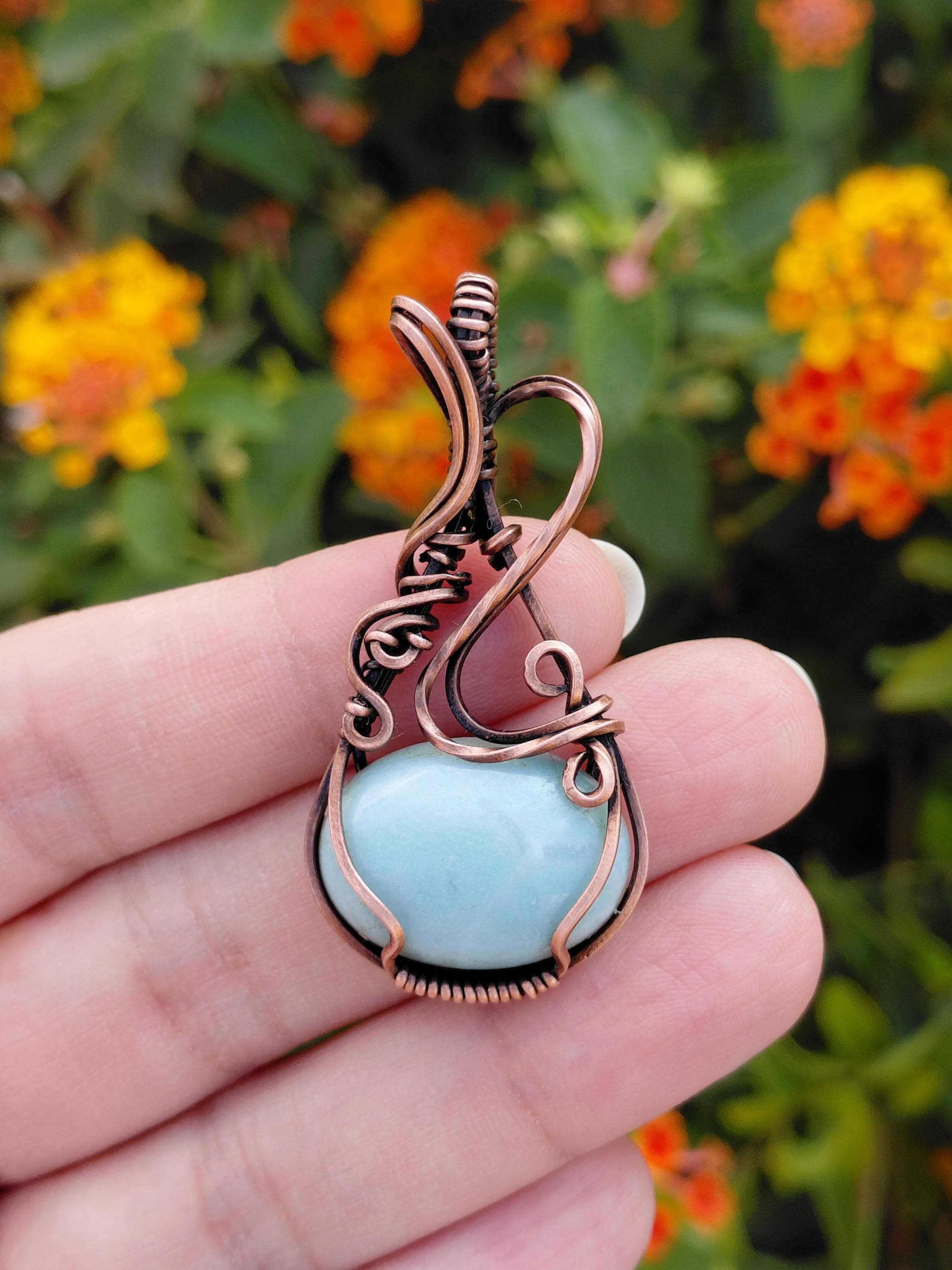 Wire Wrapped Amazonite Pendant Necklace: Oxidized Copper Jewelry