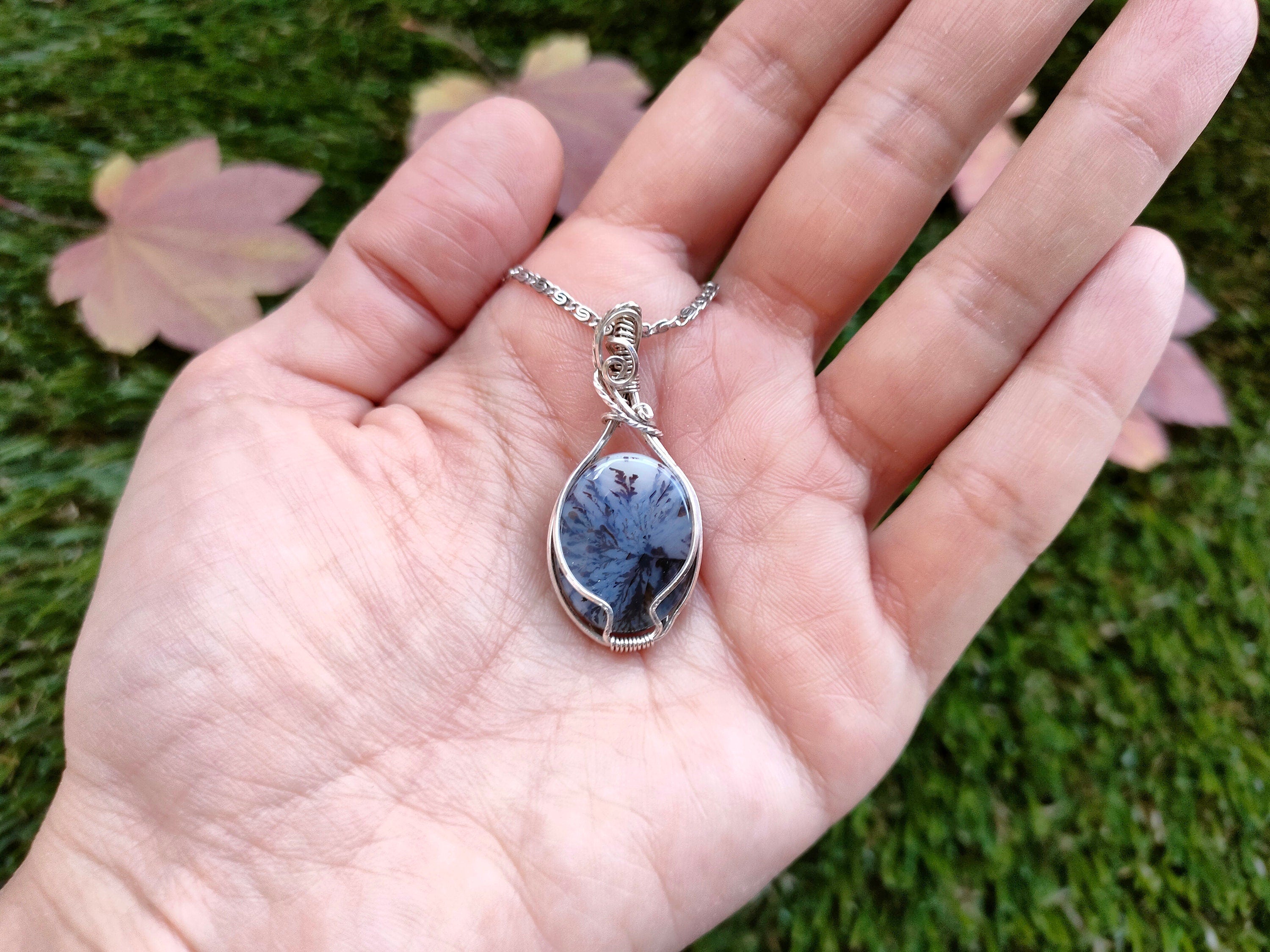 A Dendritic Moss Agate Stone Necklace, Dainty Necklace, Wire Wrapped Agate, .925 Sterling Silver Necklace, Moss Agate, Agate Necklace