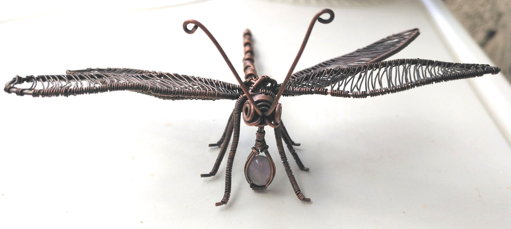 Wire Wrapped DragonFly and mini Amethyst Dangle,wire scultpure, home decor, natural amethyst,gifts,copper decor,decor,desk,art deco