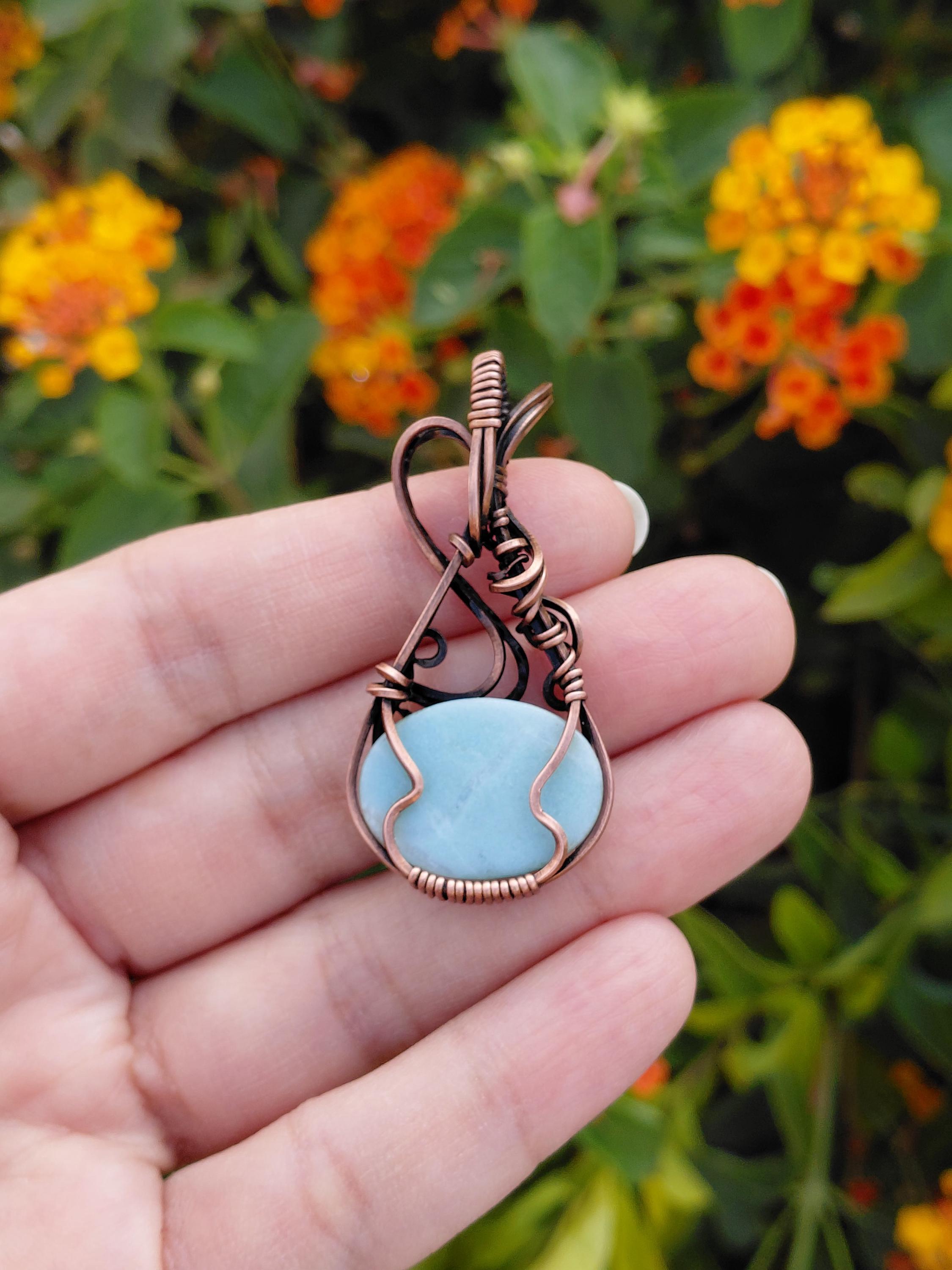 Wire Wrapped Amazonite Pendant Necklace: Oxidized Copper Jewelry