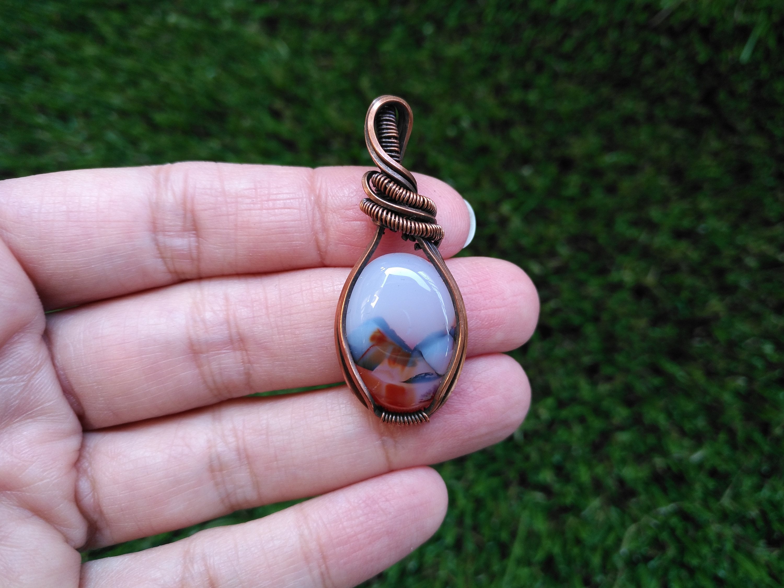 A Moss Agate Wrapped in Oxidized Copper Wire - Pendant