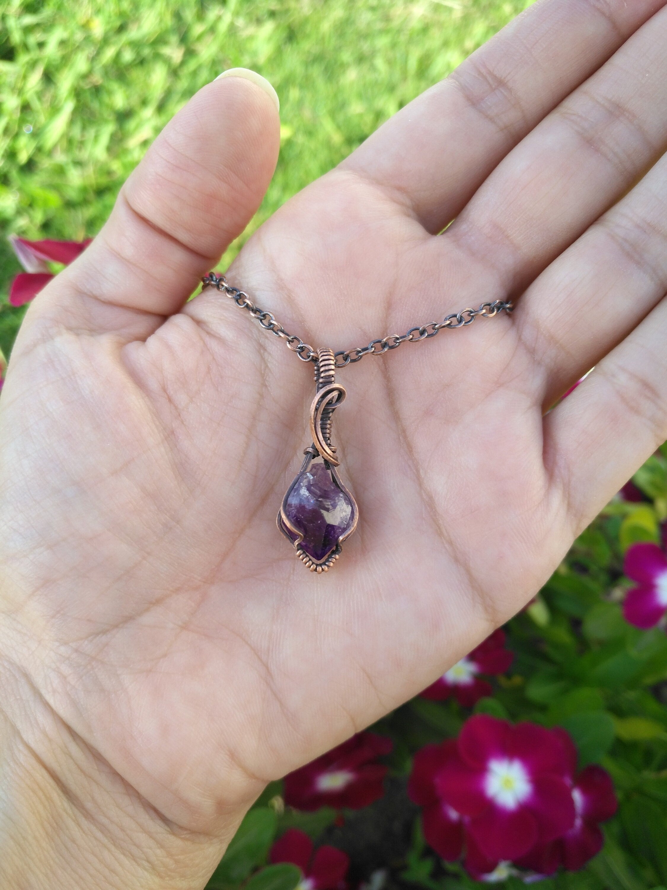Mini Amethyst Crystal Pendant | Oxidized Copper Wire | Wire Wrapped | rough | Amethyst crystal| Mini Pendant | mini jewelry | copper jewelry