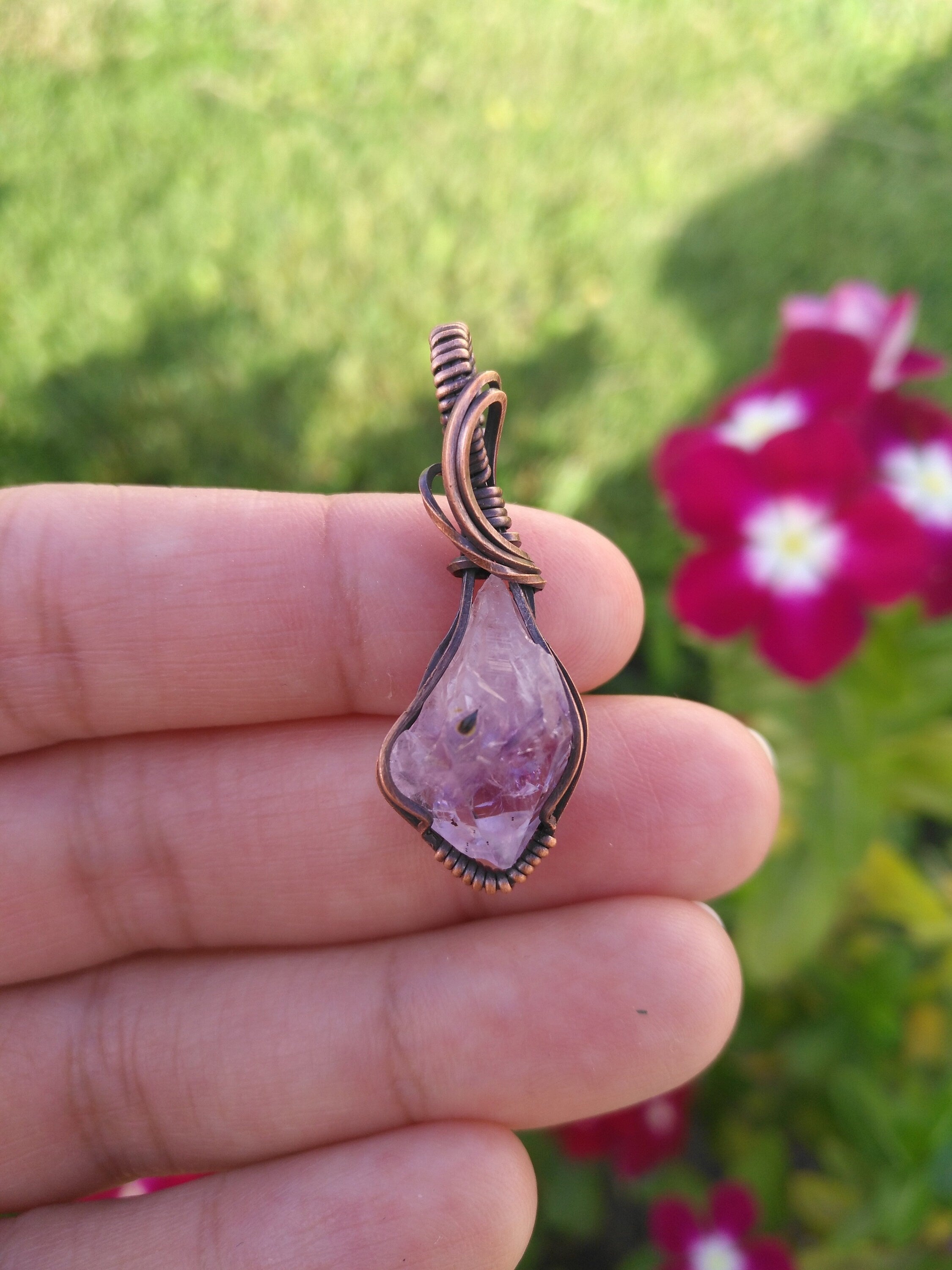 Mini Amethyst Crystal Pendant | Oxidized Copper Wire | Wire Wrapped | rough | Amethyst crystal| Mini Pendant | mini jewelry | copper jewelry