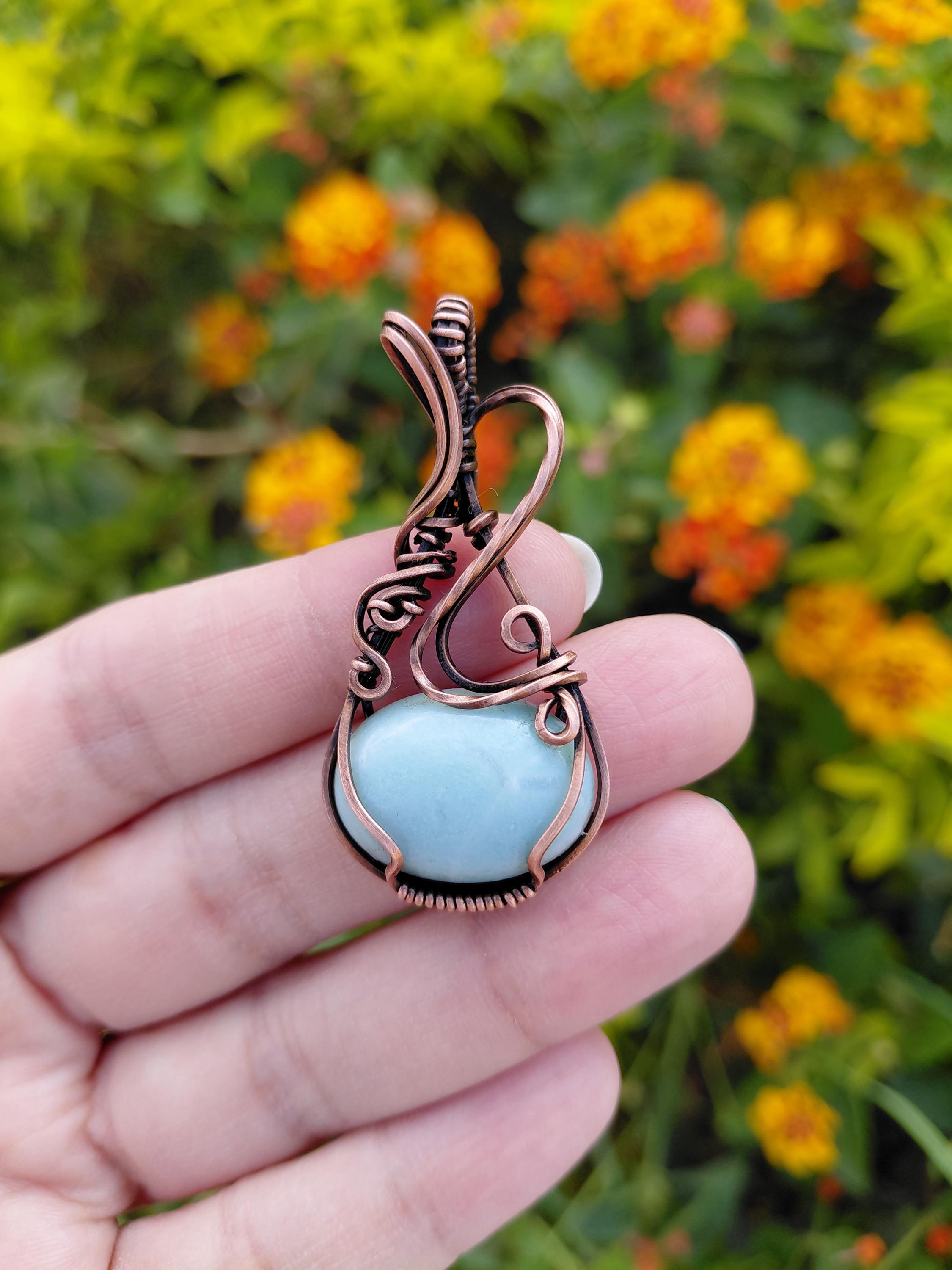 Wire Wrapped Amazonite Pendant Necklace: Oxidized Copper Jewelry