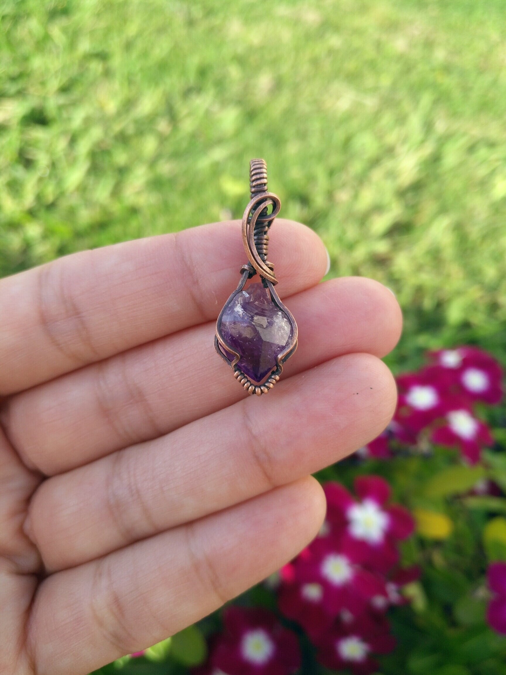 Mini Amethyst Crystal Pendant | Oxidized Copper Wire | Wire Wrapped | rough | Amethyst crystal| Mini Pendant | mini jewelry | copper jewelry