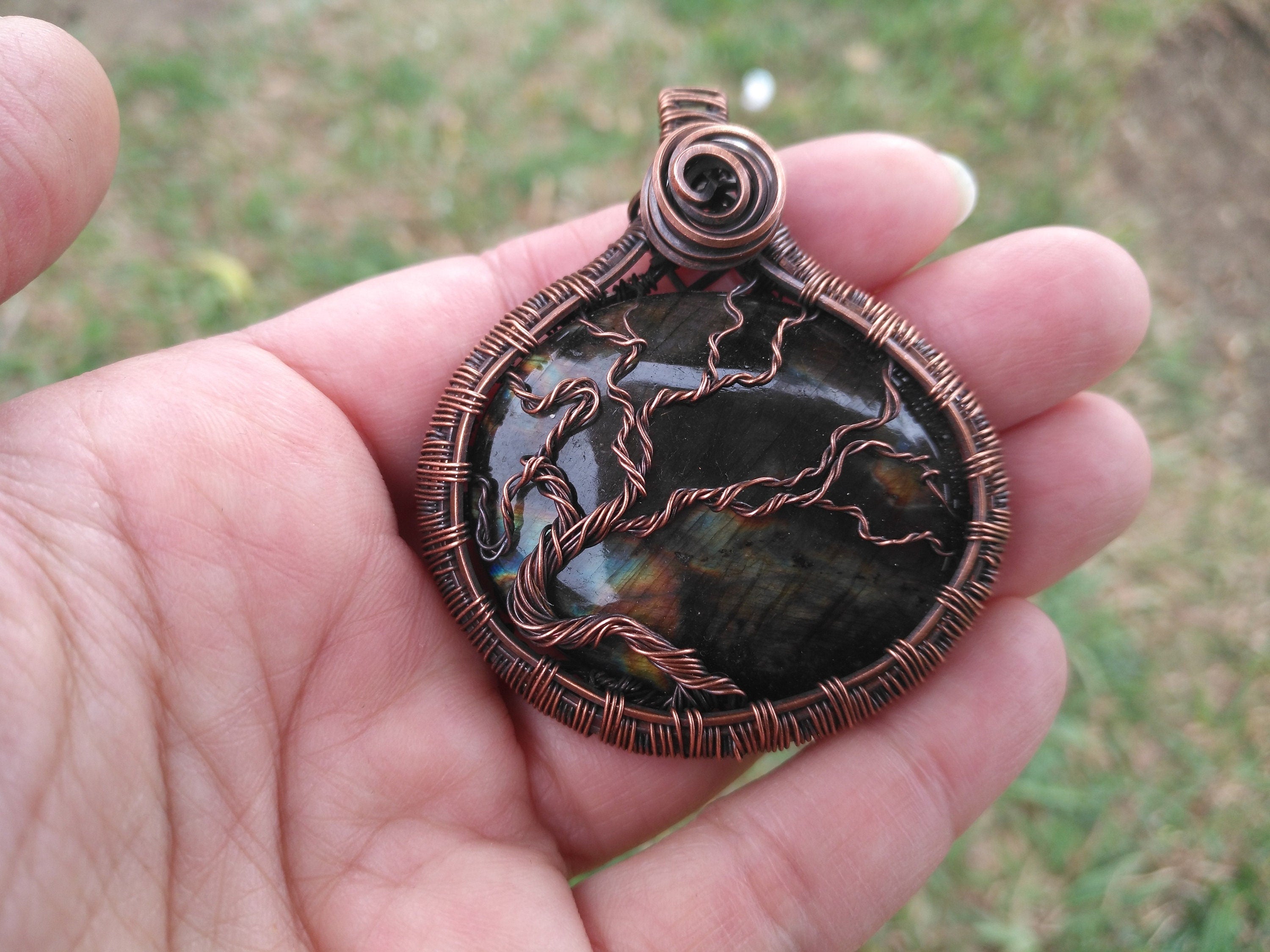 A Tree of Life Pendant using a Labradorite with Oxidized Copper Wire