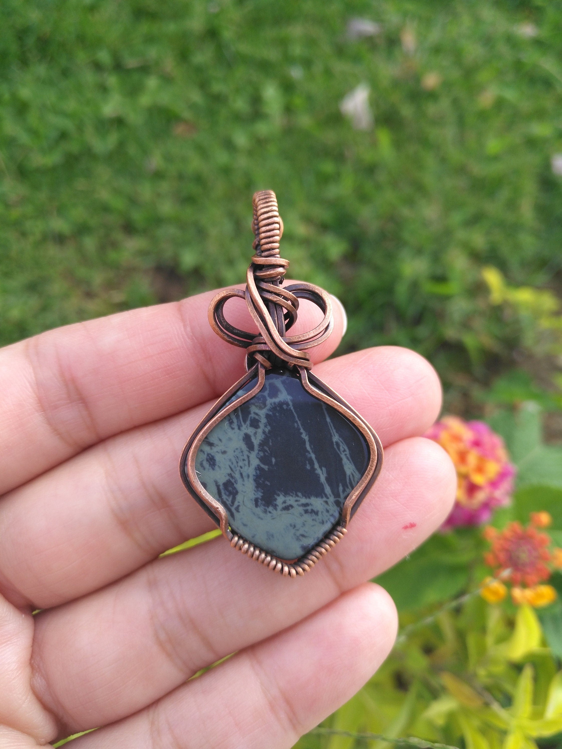 Spider Web Obsidian in Oxidized Copper Wire - Copper Pendant - Wire wrapped - Spiderweb - Halloween - Pendant - Copper Pendant - Creepy gift