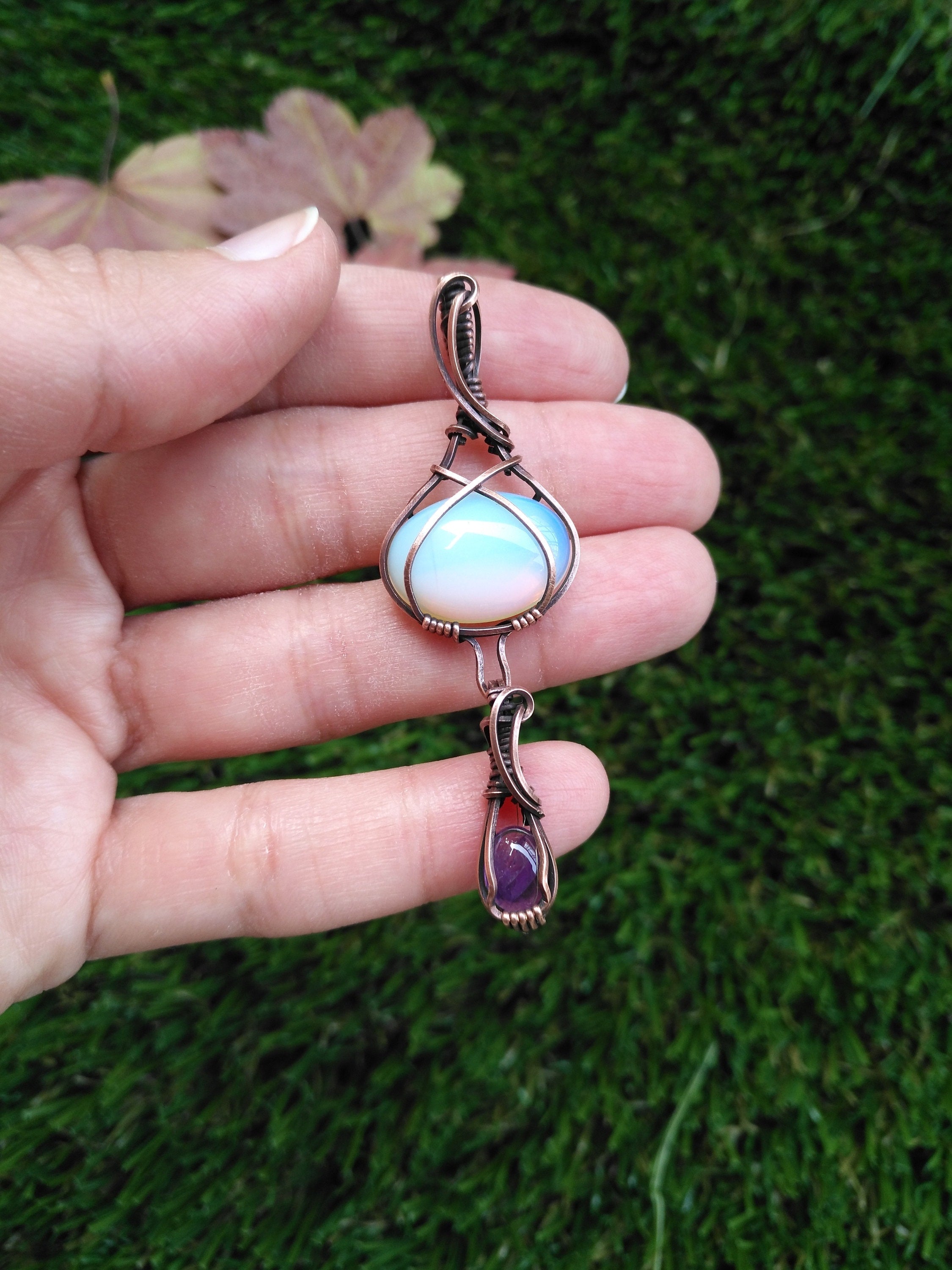 Opalite and Amethyst Double Pendant | Sci Fi Pendant | Talisman | Wire Wrapped Copper Jewelry | Fairy Jewelry | Fantasy Pendant | Apocalypse