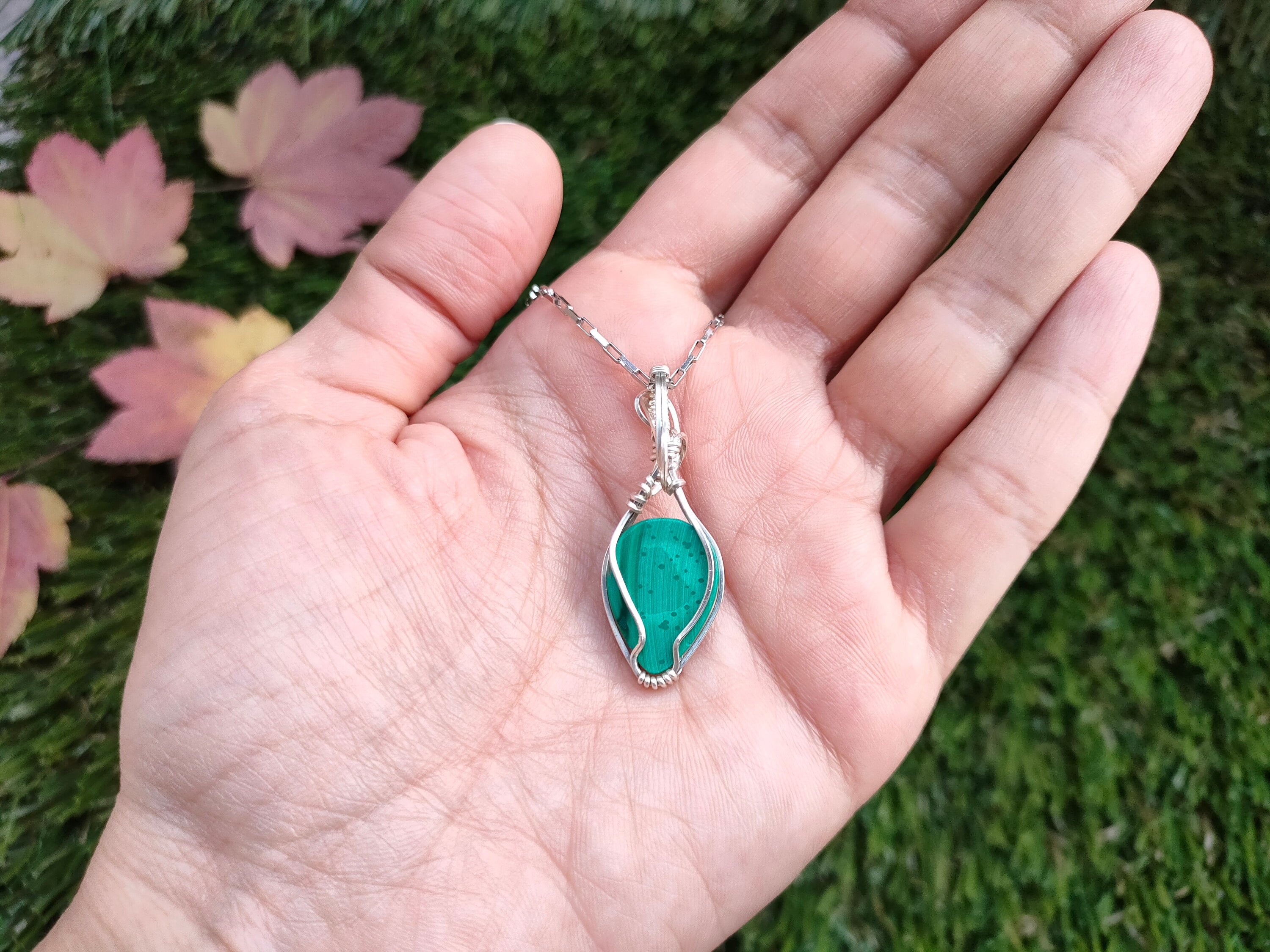 Malachite Necklace, Dainty Necklace, Wire Wrapped Malachite, .925 Sterling Silver Necklace, Boho Necklace, Malachite Pendant, Gemstone