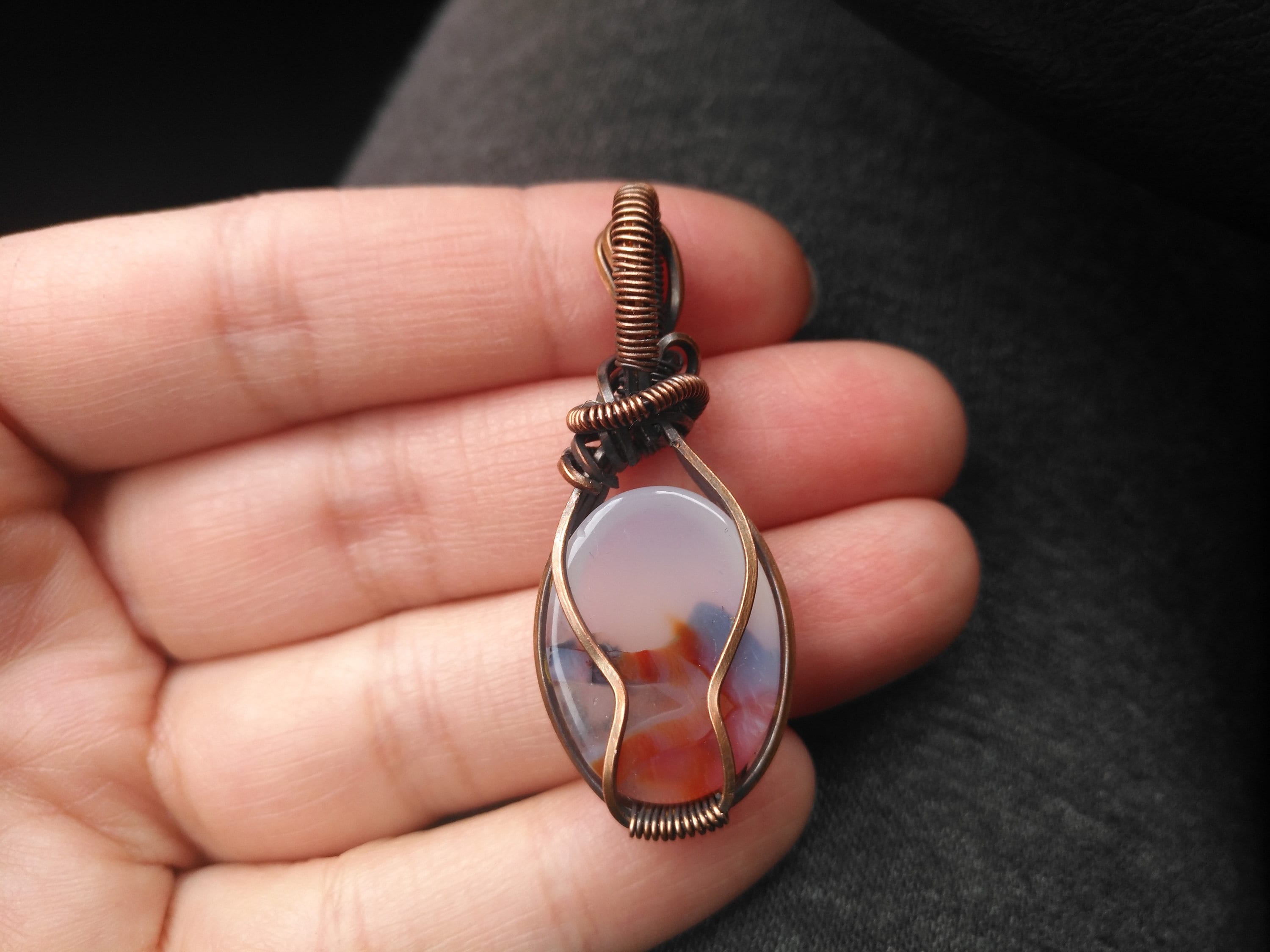 A Moss Agate Wrapped in Oxidized Copper Wire - Pendant