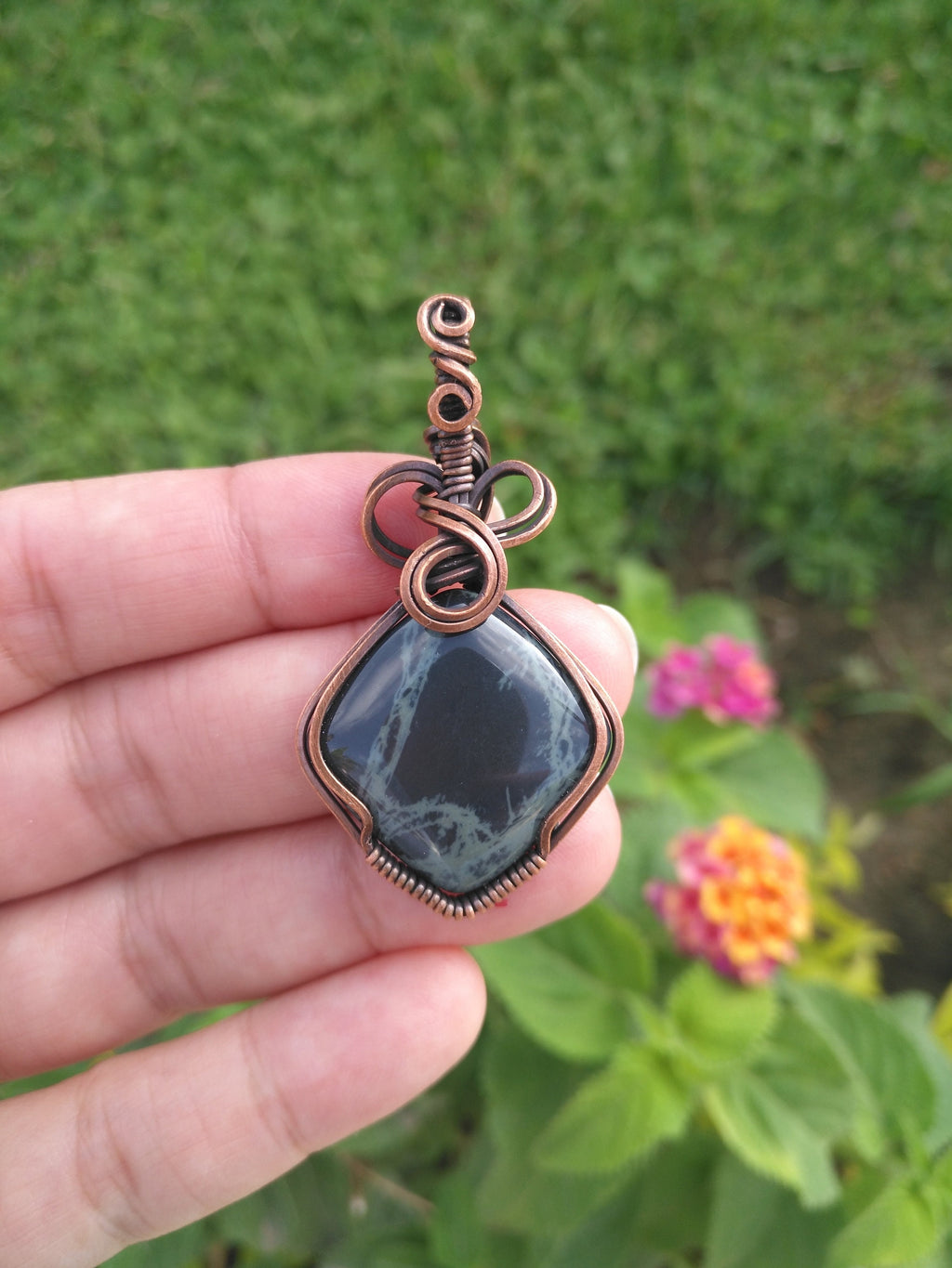 Spider Web Obsidian in Oxidized Copper Wire - Copper Pendant - Wire wrapped - Spiderweb - Halloween - Pendant - Copper Pendant - Creepy gift