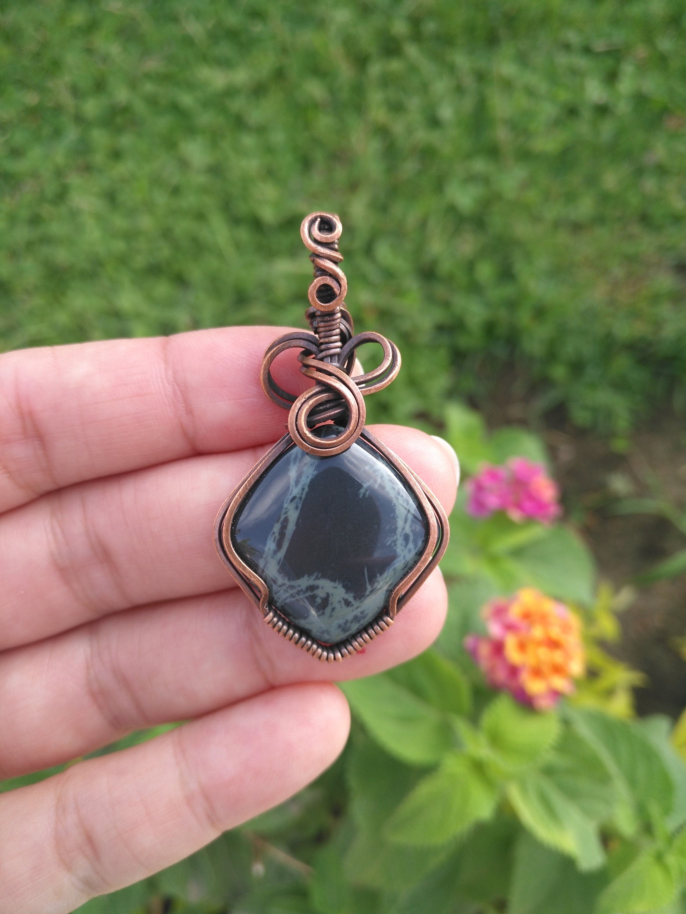 Spider Web Obsidian in Oxidized Copper Wire - Copper Pendant - Wire wrapped - Spiderweb - Halloween - Pendant - Copper Pendant - Creepy gift