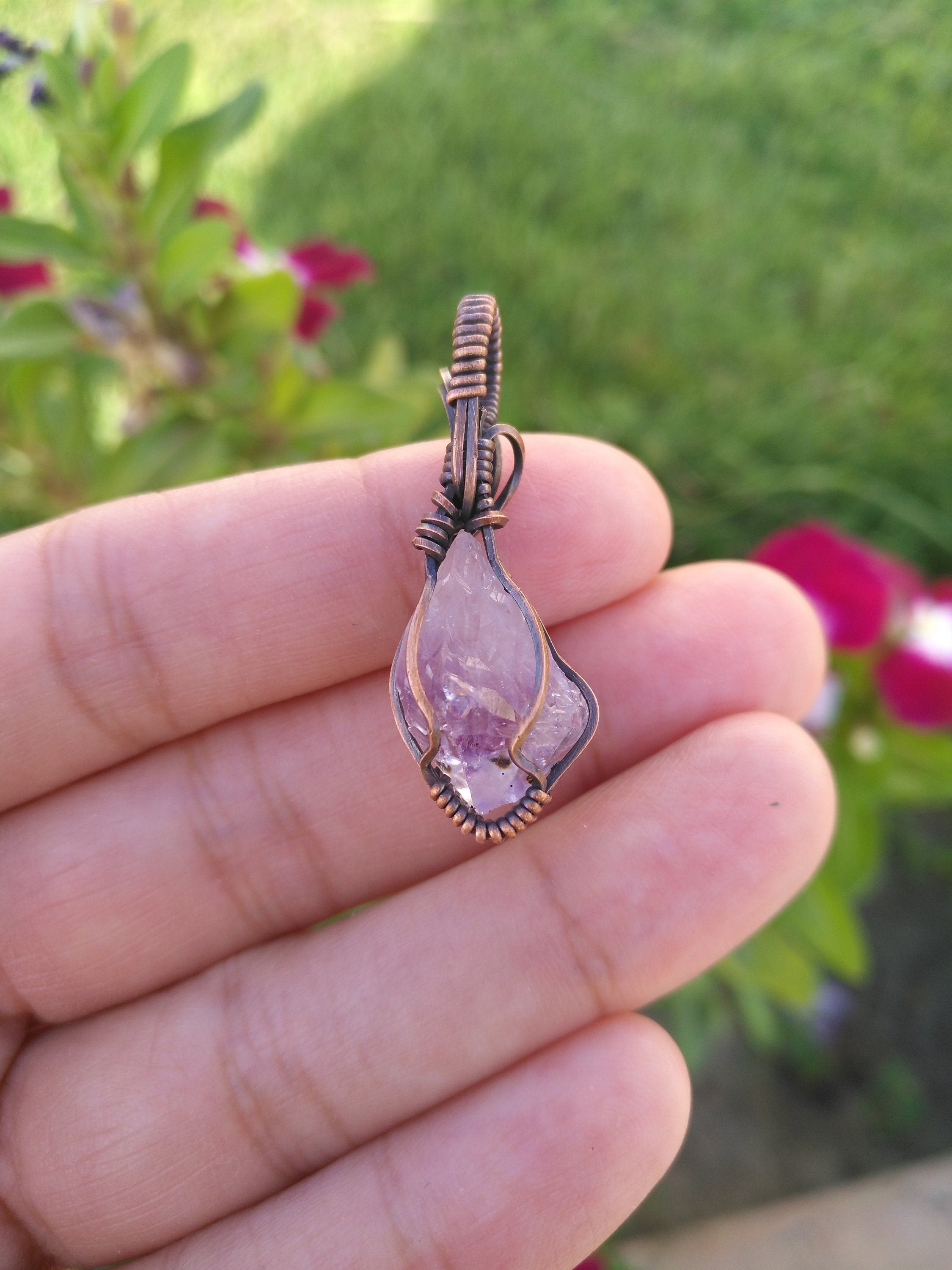 Mini Amethyst Crystal Pendant | Oxidized Copper Wire | Wire Wrapped | rough | Amethyst crystal| Mini Pendant | mini jewelry | copper jewelry
