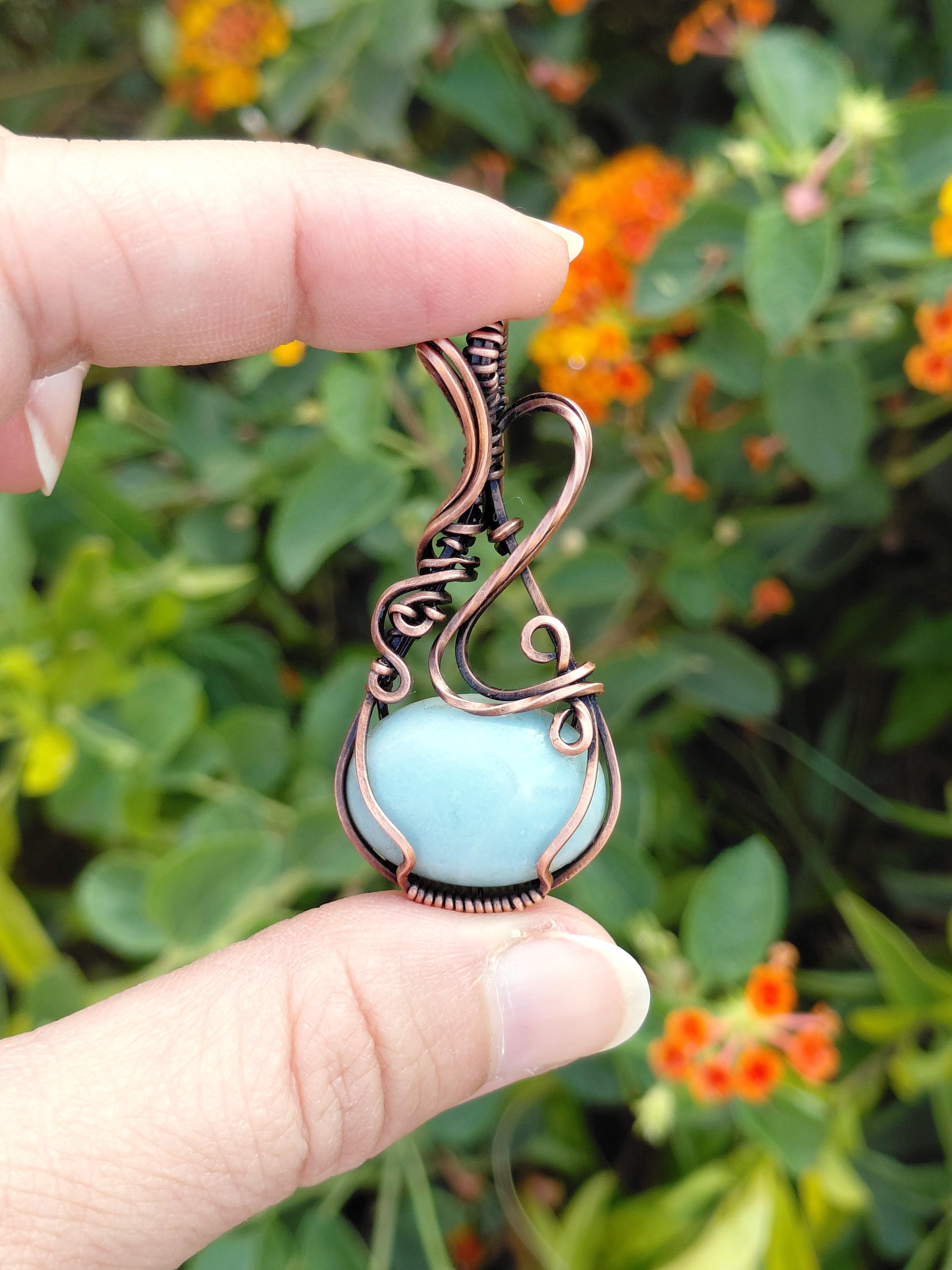Wire Wrapped Amazonite Pendant Necklace: Oxidized Copper Jewelry