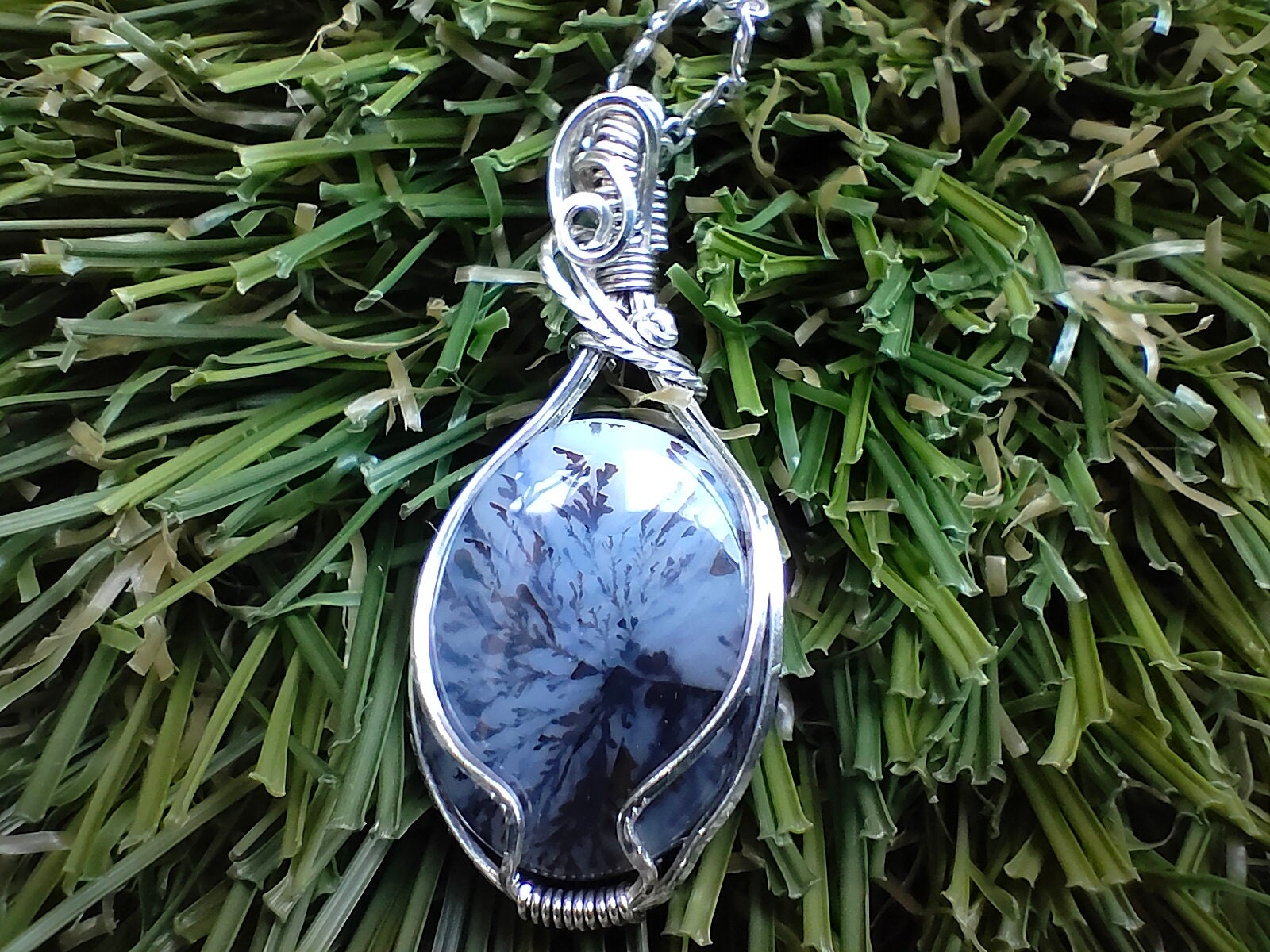 A Dendritic Moss Agate Stone Necklace, Dainty Necklace, Wire Wrapped Agate, .925 Sterling Silver Necklace, Moss Agate, Agate Necklace